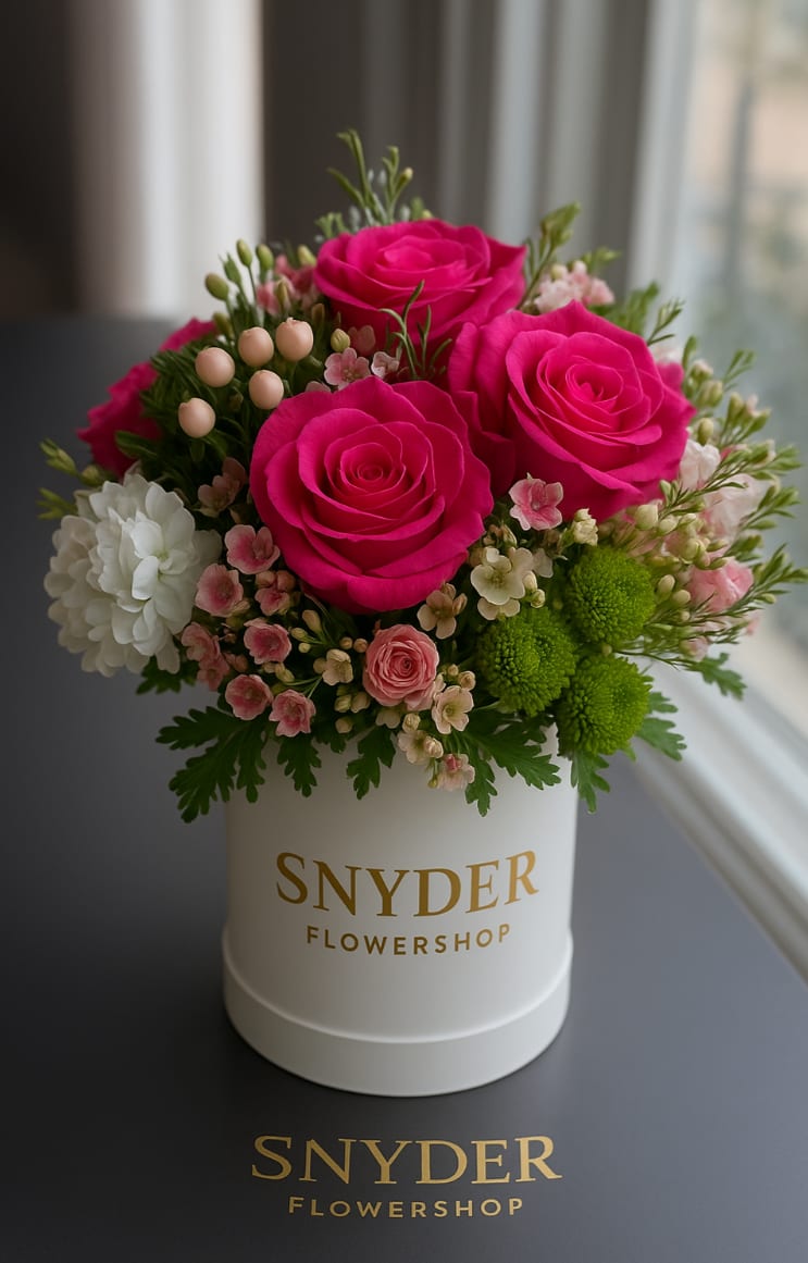 Snyder Box - This elegant floral arrangement features vibrant hot pink roses artfully arranged with delicate wax flowers, soft mini spray roses, seasonal white blooms, and lush green accents. Designed in a modern white keepsake box, this bouquet offers a refined balance between bold color and soft texture, creating a timeless floral presentation.