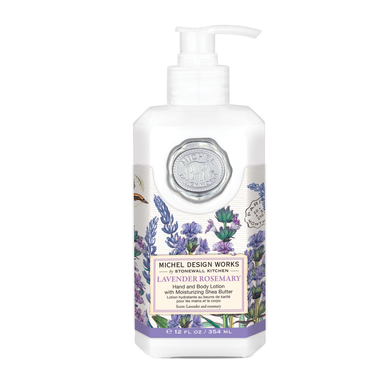 Lavender Rosemary hand and body lotion - Lavender Rosemary features the distinct scents of lavender and rosemary with a hint of eucalyptus. Our hand and body lotion is made with shea butter, aloe, and other botanical ingredients. The decorative bottle of luxurious lotion is packaged in a beautiful keepsake gift box.  8 fl. oz. / 236 ml lotion.  Fragrance: The unmistakable scent of lavender with rosemary and a hint of eucalyptus.