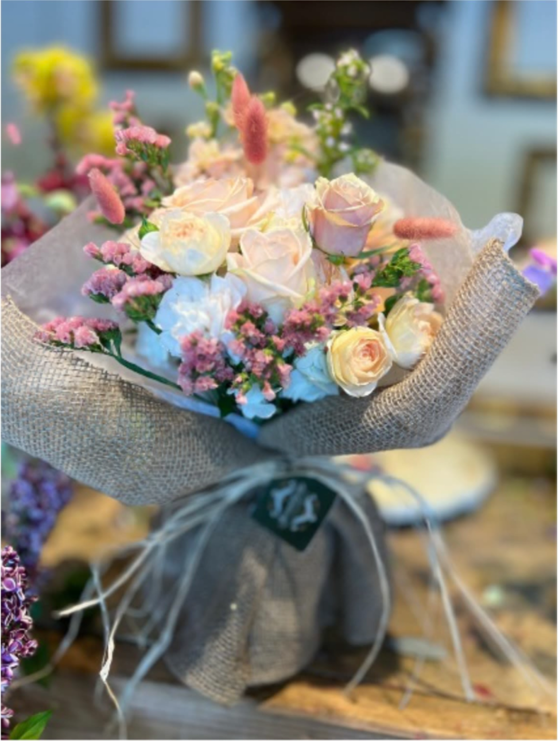 PASTEL BOUQUET ARRANGEMENT - RAP BOUQUET WITH ALL PASTEL FLOWER TYPE,RAPPIN WITH THE BURLAP 