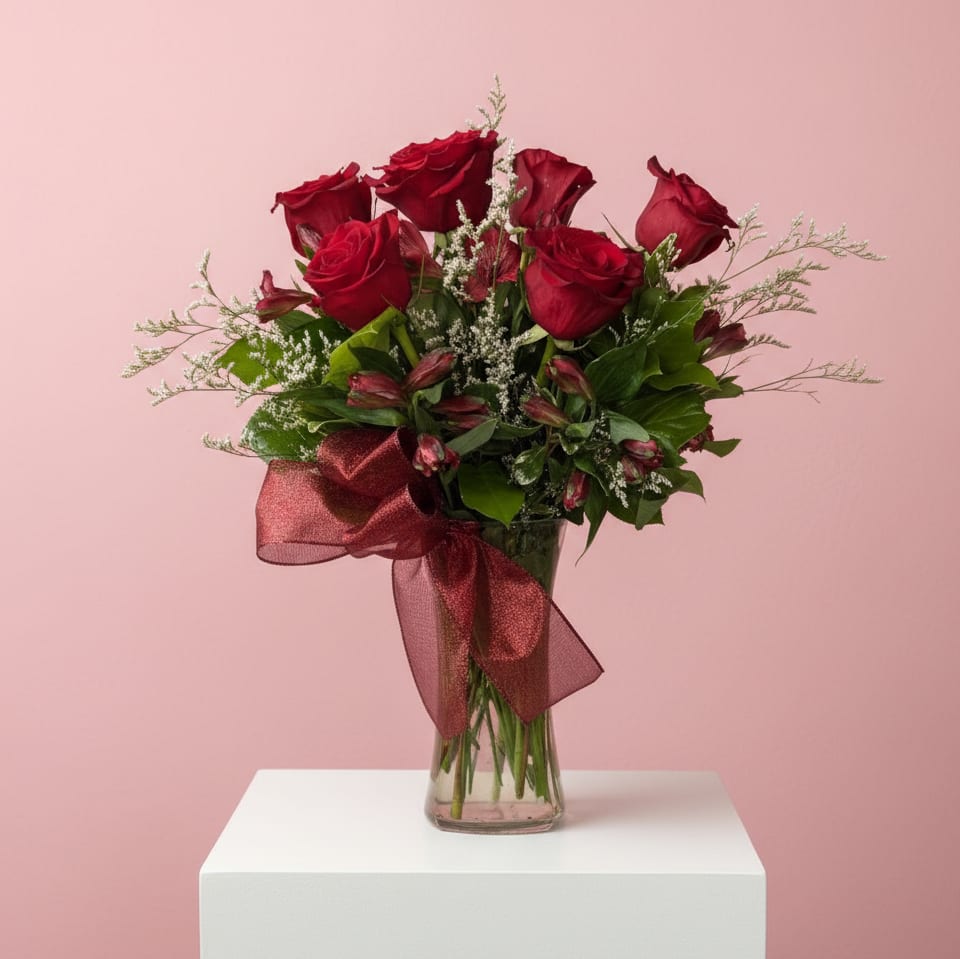 Half Dozen Long Stemmed Roses - The perfect bouquet to let her know that you are thinking of her and that you love her. Six beautiful Prima Red Roses are arranged in a crystal clear vase and accented with a bow to help you make her day.