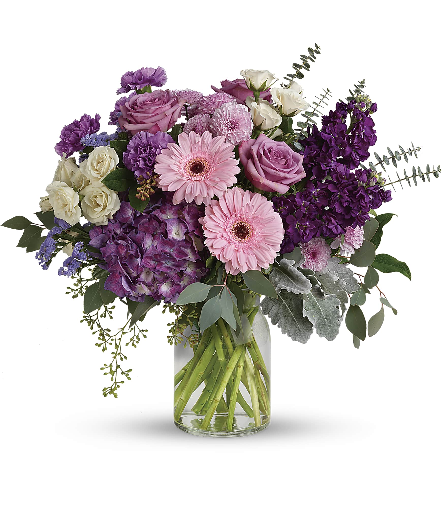 Magnificent Mauves - This harmonic mix of deep purple hydrangea with light lavender roses and sweet pink gerberas is a dreamy delight on any occasion.  This magnificent bouquet features purple hydrangea, lavender roses, crème spray roses, pink gerberas, lavender carnations, purple stock, lavender cushion spray chrysanthemums, lavender sinuata statice, dusty miller, spiral eucalyptus, seeded eucalyptus, silver dollar eucalyptus, and lemon leaf. Delivered in a clear vase. Approximately 23" W x 20 1/2" H 