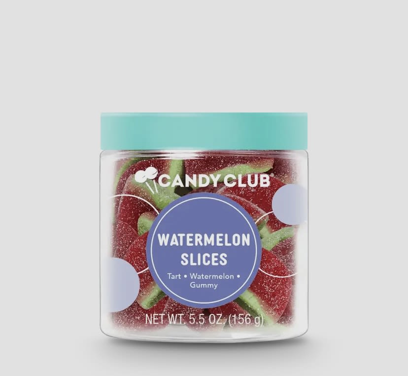 Watermelon Slices - What looks like a watermelon and tastes like a watermelon but isn't a watermelon. It's our watermelon slices candy — tender, tangy pink candies that make any season feel like summer. These candies even have a green colored "rind" that is tasty sweet too!. Best yet, with no seed in sight, these gummy slices delights make better watermelons than watermelons. Gluten-Free. 