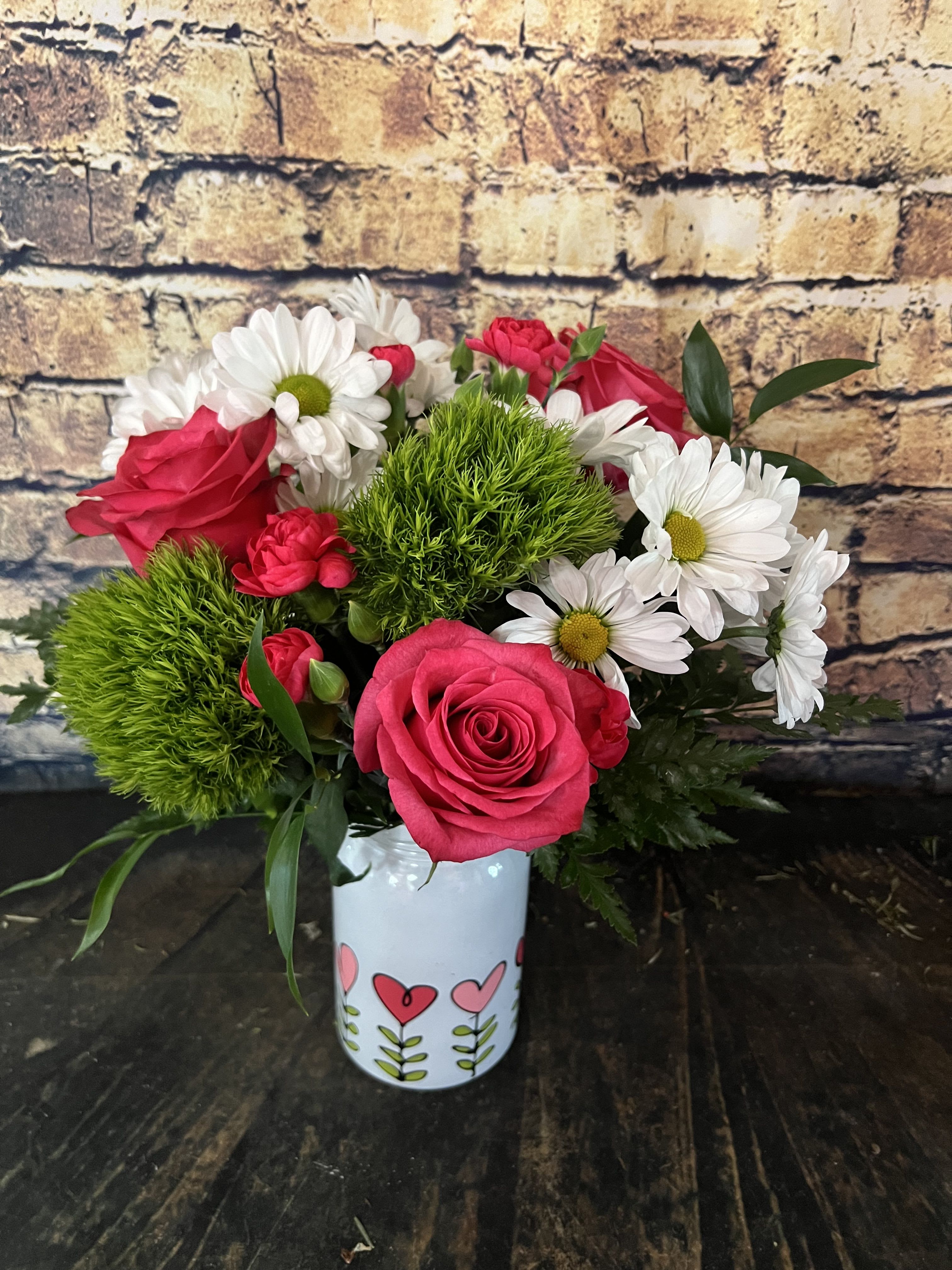 Sweetheart's Mason Jar  - Fun mason jar filled with Roses, Daisies and Green Trick Dianthus is so much fun for that Special sweetheart! 
