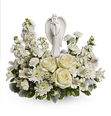 Graceful Angel Arrangement - As serene as gently falling snow, this pure white arrangement of roses, astroemeria and stock is a heartfelt symbol of peace and beauty. Its graceful angel keepsake sculpture will remain a guiding light to your loved ones for years to come.