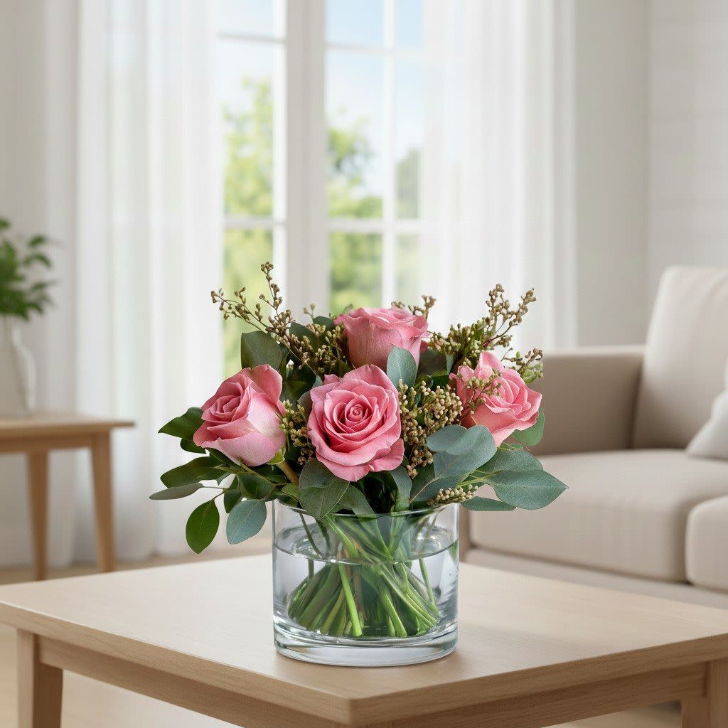 Blushing Grace - Lush pink roses bloom among fresh eucalyptus and dainty waxflowers, capturing the essence of natural beauty and gentle elegance.