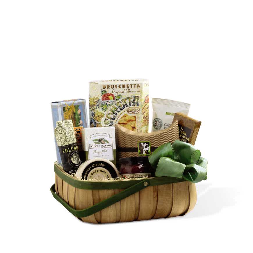 The FTD Heartfelt Sympathies Gourmet Basket - The FTD Heartfelt Sympathies Gourmet Basket is a warm collection of gourmet treats to convey your deepest sympathies for their loss. A green rimmed natural woodchip basket accented with a green taffeta ribbon arrives with a collection of gourmet delicacies they are sure to appreciate during this time of grief and sadness.