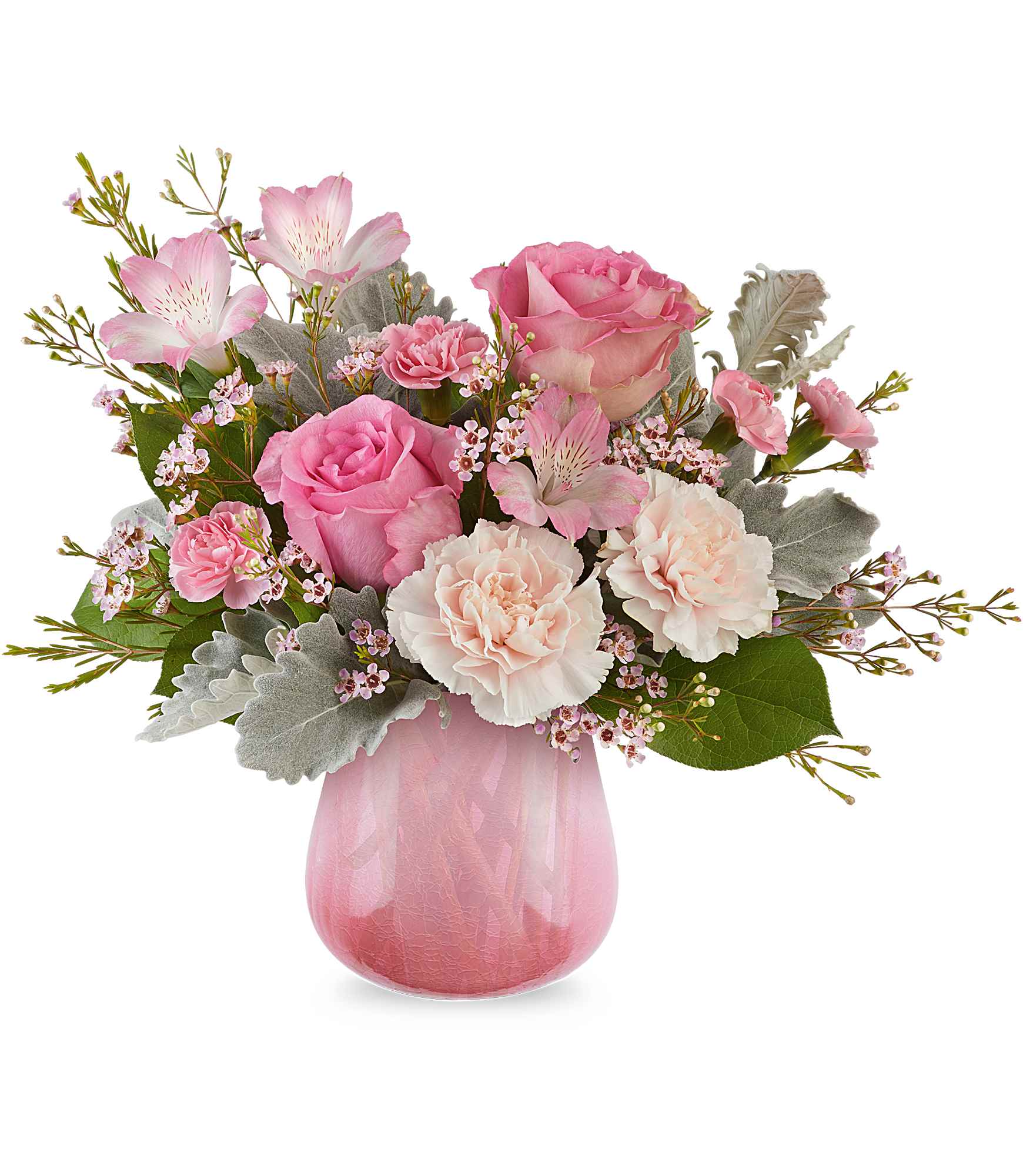 Teleflora's Darling Bloom Bouquet - Sweet as can be, Teleflora's Darling Bloom Bouquet captures the soft side of love with pink roses, carnations, and alstroemeria arranged in a translucent crackled glass vase that fades into a lovely pink gradient-perfect for Valentine's Day.  Teleflora's Darling Bloom Bouquet features pink roses, pink alstroemeria, pink carnations, pink miniature carnations, pink waxflower, dusty miller, and lemon leaf arranged in Teleflora's Sweet On Hue Vase, a translucent crackled glass vase with a pink gradient. Approximately 17" W x 14 1/2" H