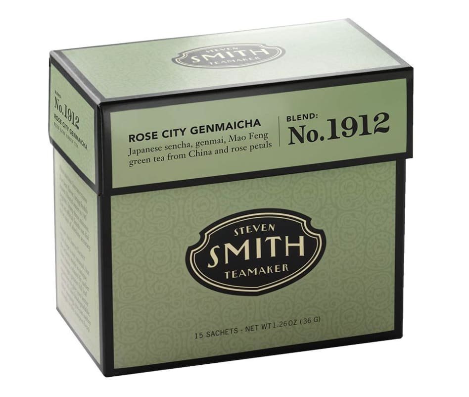 Rose City Genmaicha Smith Tea - A delicious Oregon twist on Japanese Genmaicha. Combines the light, nutty flavor of roasted rice with a grassy green tea character and rose petal finish—all softened by a kiss of sweet manuka honey.