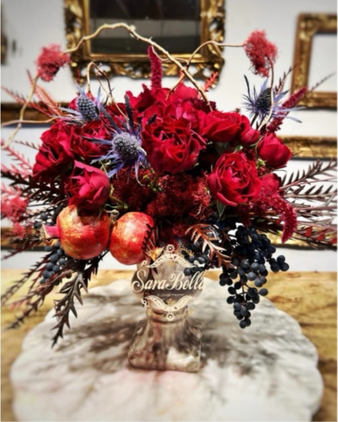 RUSTIC VALENTINE ARRANGEMENT - MIX DARK RED FLOWERS IN THE RUSTIC URN