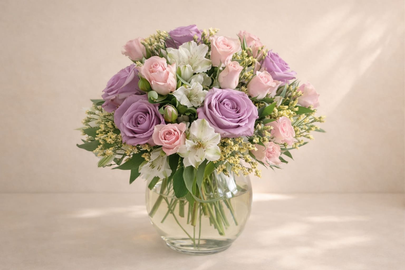 Whisper - An elegant mix of white and purple flowers in a glass vase 