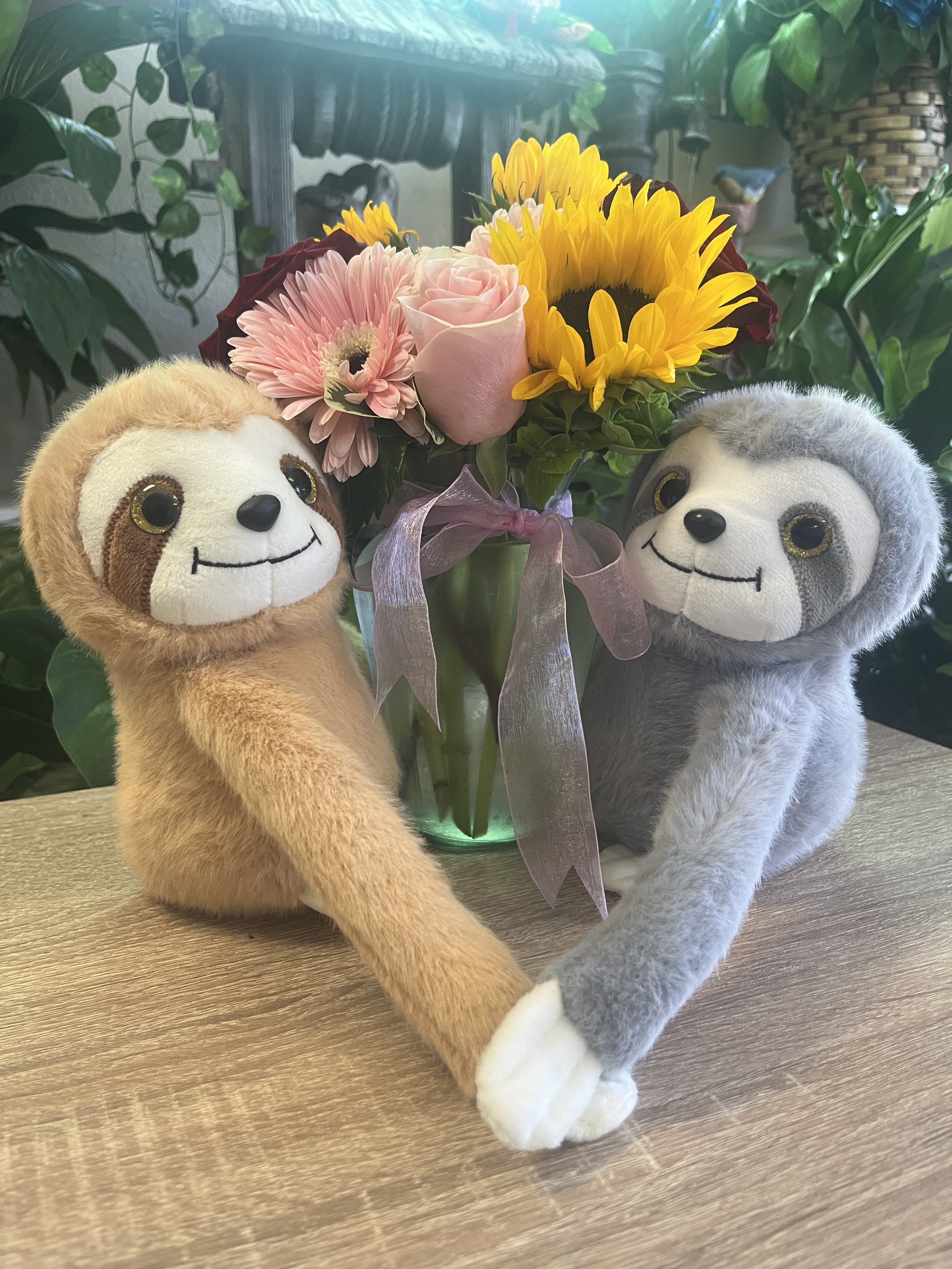 Sloth Love  - Fresh flowers in vase with sloth plush 