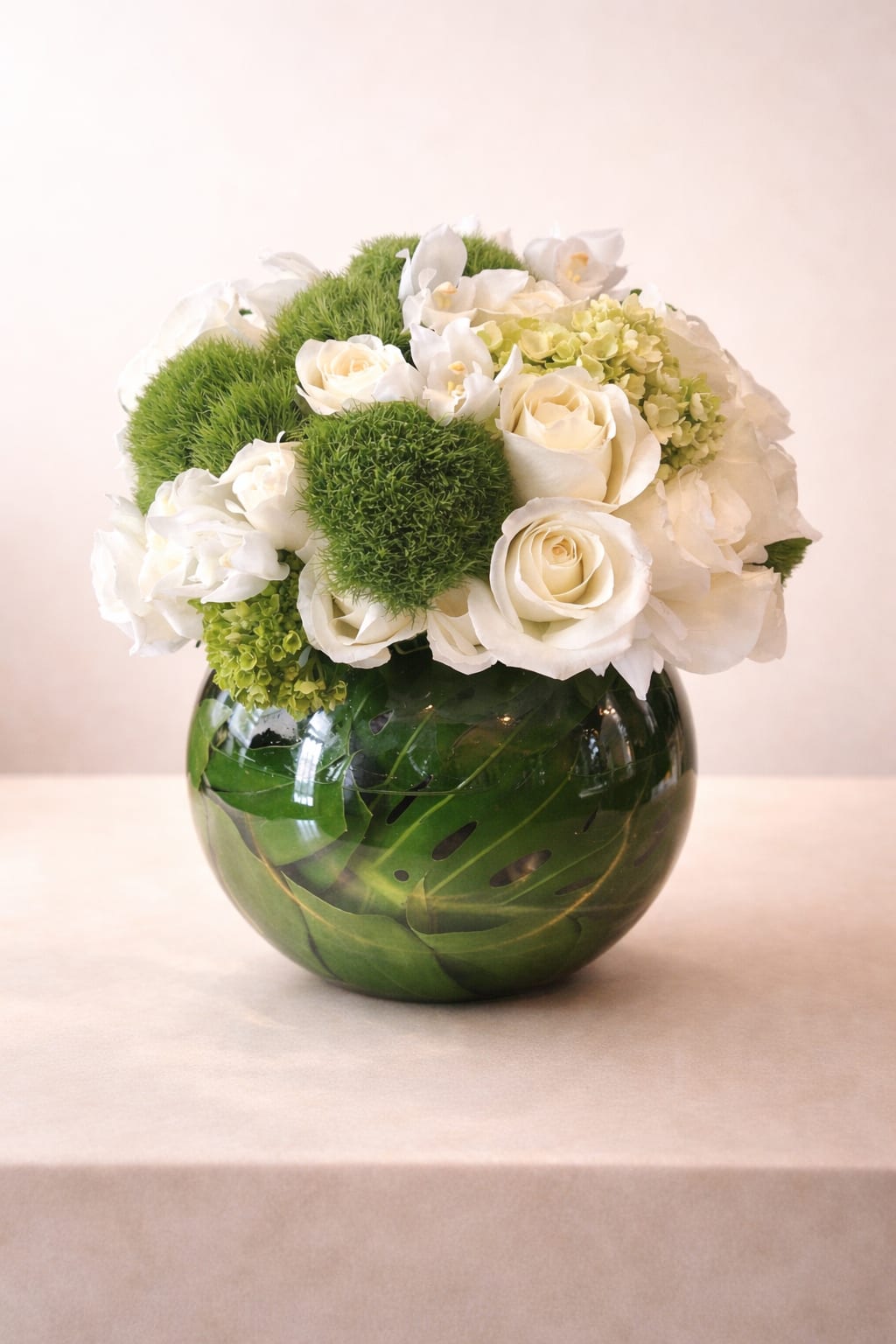 Soft Green - Beautiful white and green arrangement in a glass bowl 