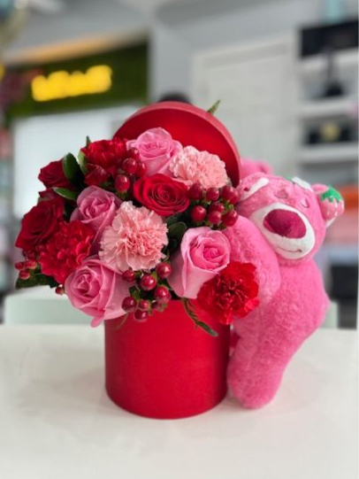 Warm  hug  - Our sweet arrangement with a pink sleeping teddy bear 