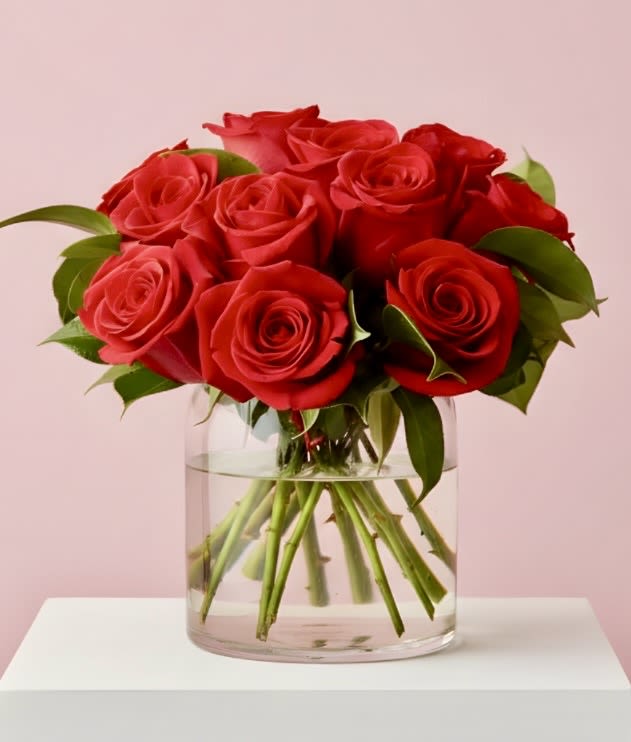 A Modern Dozen - A dozen red roses mounded into a clear glass cylindeer for a more modern take on traditional red roses