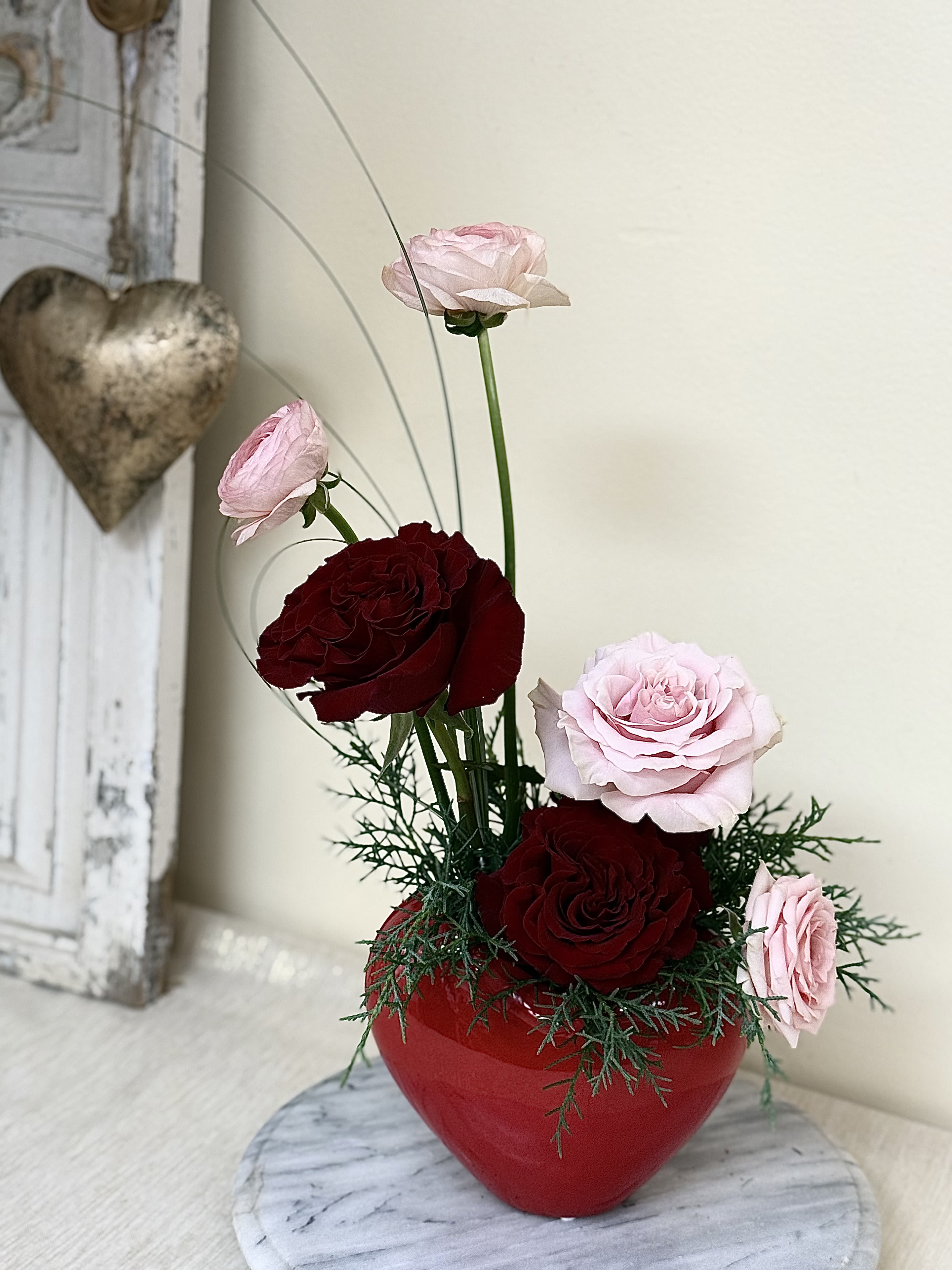 My Heart - A modern design in a beautiful red heart vase to express your love, we use heart roses and textural elements.