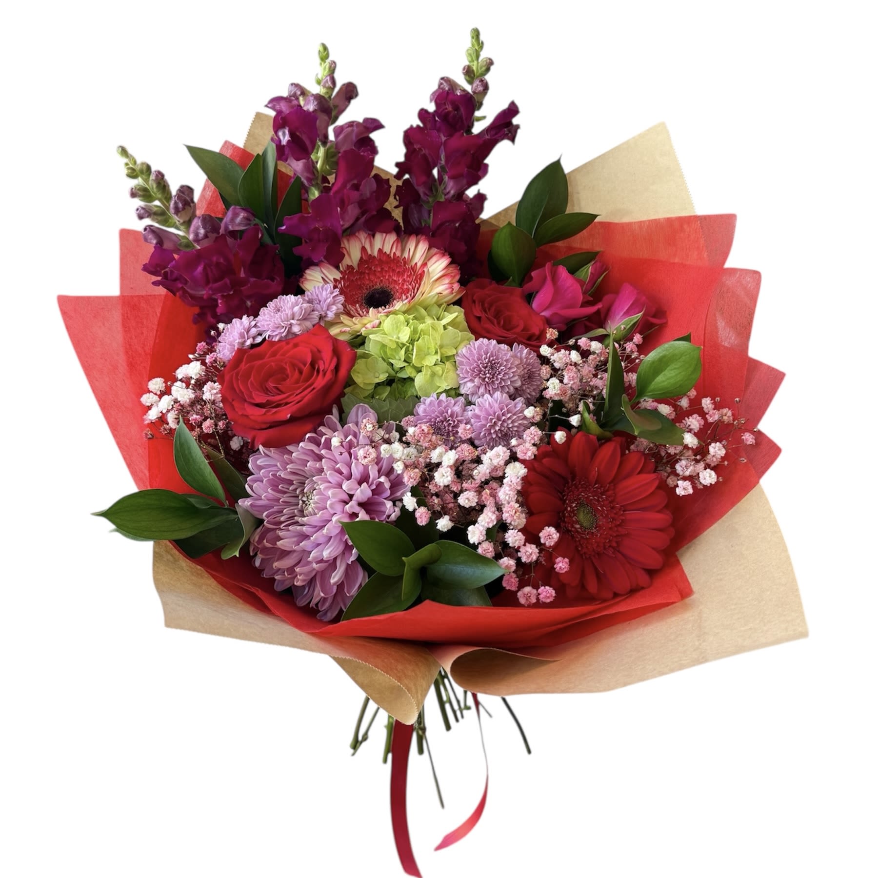Valentine Bouquet - Gerbera daisy, spray rose, roses, green hydrangea, snapdragons, pompons and baby's breath wrapped in paper as shown in photo. NO VASE INCLUDED. Wrapped Bouquet Only