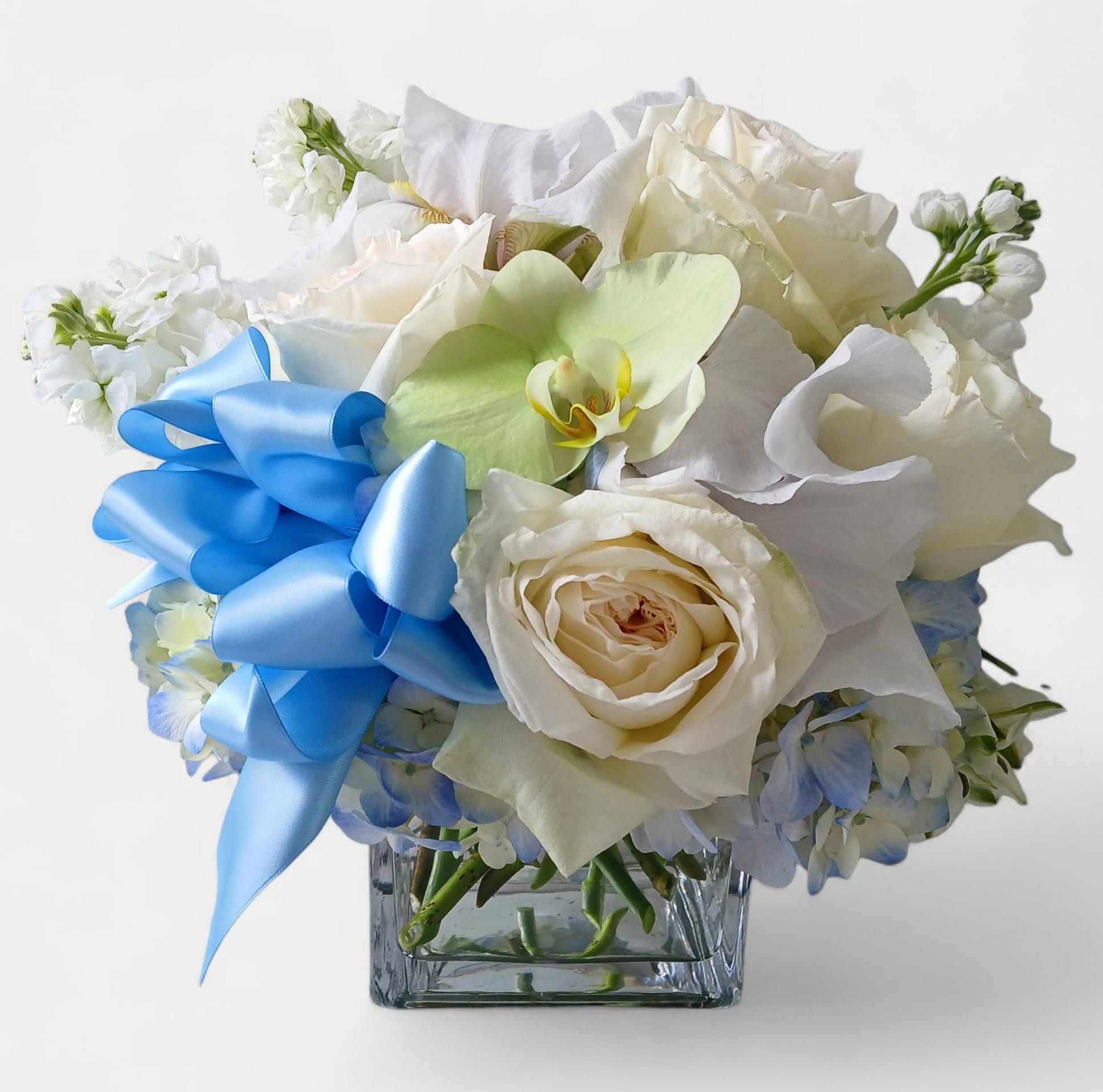 Blue My Favorite Bouquet - Send this beautiful white rose blue hydrangea and soft fresh green orchid bouquet today to make them smile with it's lovely blossoms arranged in a modern glass cube style vase adorned with a pretty blue bow. My designs are always made extra special and unique each time. Send happiness.