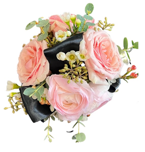 Couples Set Corsage #3 - Spray roses, ranunculus, waxflower, eucalyptus and other greenery on beaded or slap bracelet with your choice of ribbon color