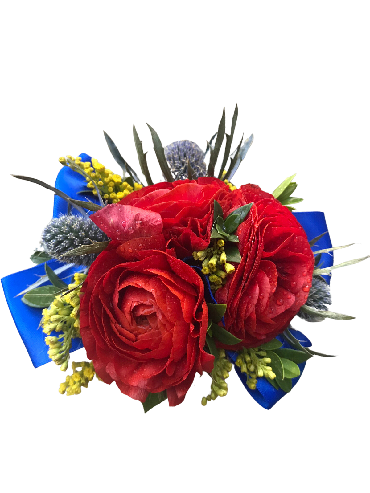 Ranunculus Wrist Corsage - 3 orange ranunculus, thistle, greenery and filler on blue ribbon. Greenery and filler may vary based on season and availability.