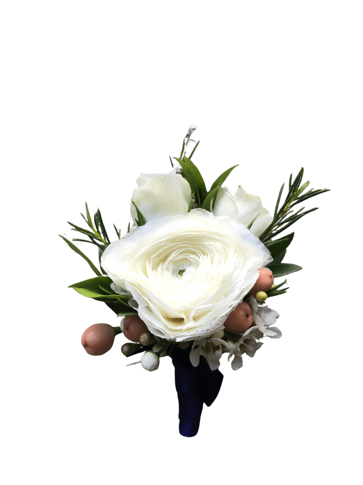 Boutonniere # 6 Rose and Ranunculus Boutonniere - White Ranunculus, White Spray Roses, Hypericum berries, filler and greenery with silver bead accents wrapped in satin ribbon. Please specify ribbon color. Greenery and filler may vary based on season and availability.