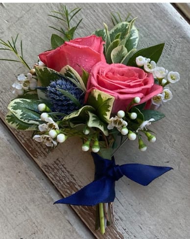 Couples Set Boutonniere #1 - 2 Spray Roses with thistle, waxflower, variety of greenery with your choice of ribbon
