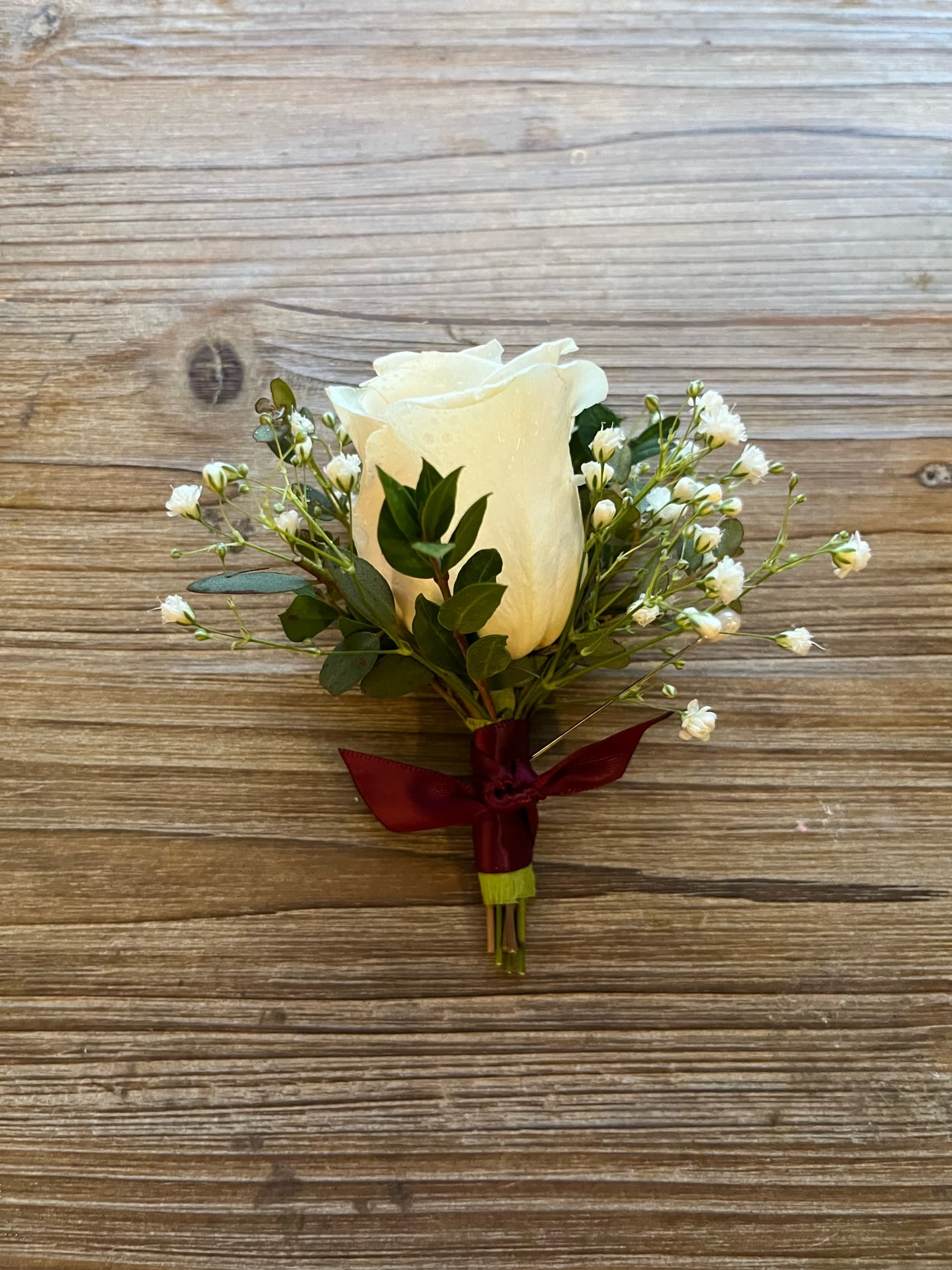 White Rose Boutonniere - White rose, greenery and filler, wrapped in ribbon color of your choice