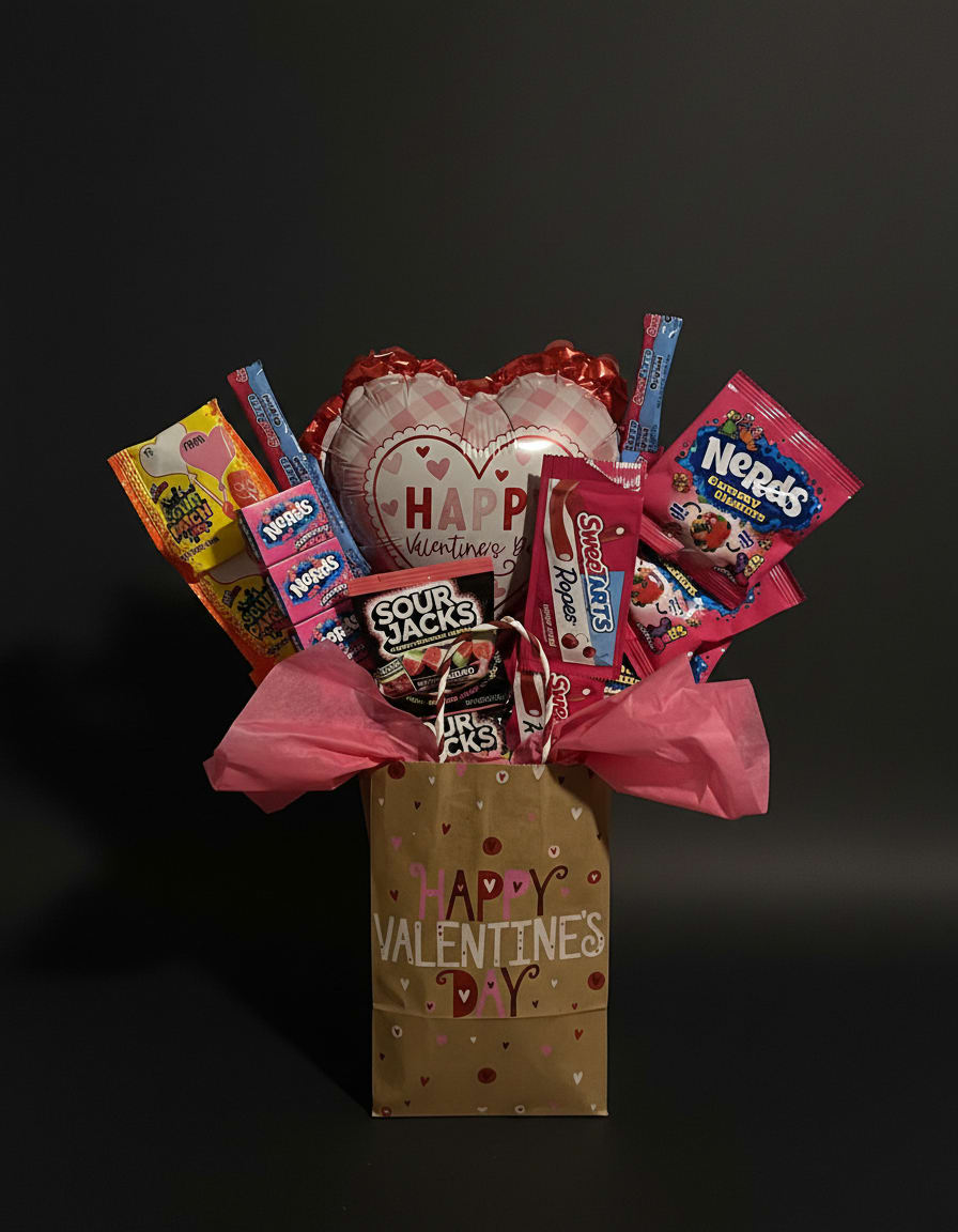 Sweet as Sugar - A bright and cheerful Valentine’s candy bouquet filled with a playful mix of sweet and sour favorites. Bursting with color, finished with festive wrapping and a heart balloon, this arrangement is perfect for anyone who loves fun flavors and bold candy classics.