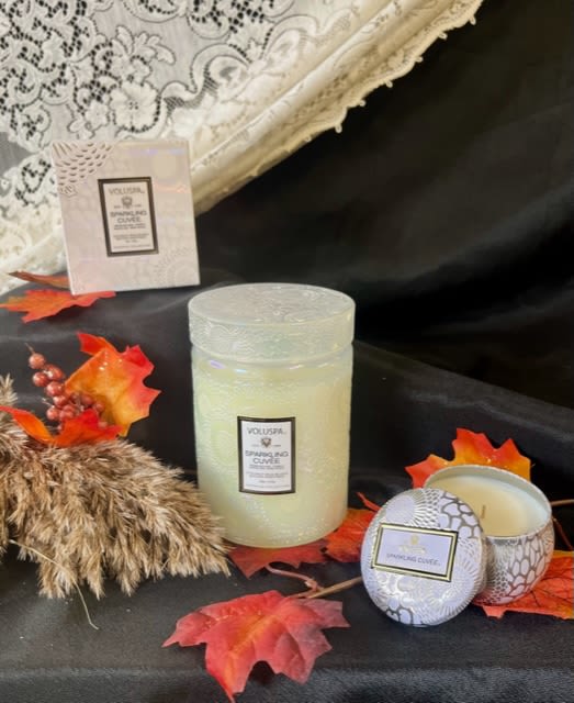 Sparkling Cuvee Voluspa Candle - Candles available is 3 sizes. Standard 4oz Mini Tin, Deluxe 9oz glass jar candle, and Premium 18oz glass jar candle.