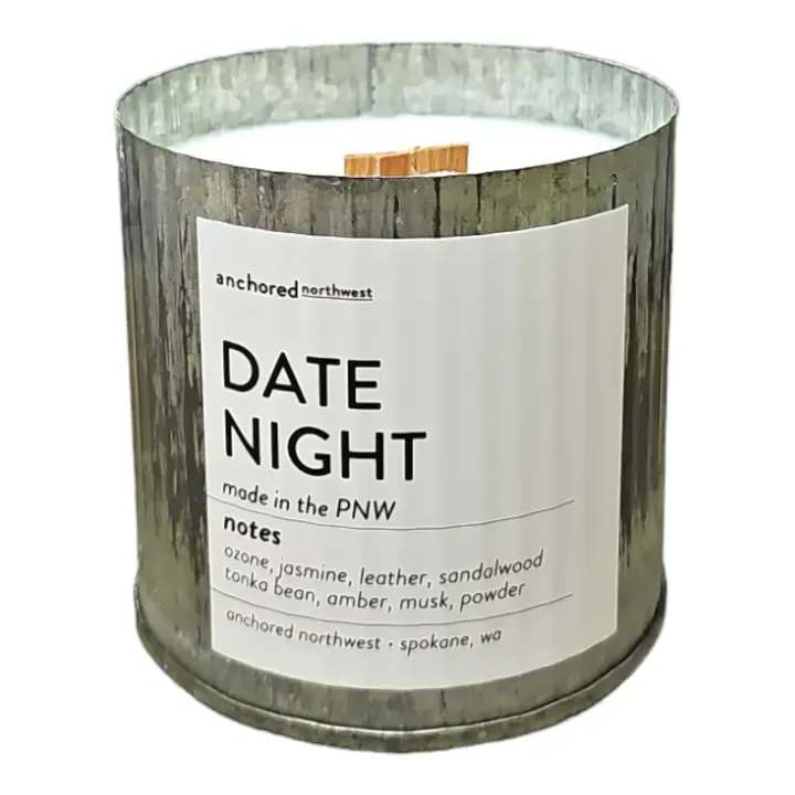 Anchored Northwest Date Night Candle  - Date Night Wood Wick Rustic Farmhouse Soy Candle (60 hour burn)  Notes:  Ozone, Jasmine, Leather, Patchouli, Sandalwood, Tonka Bean, Amber, Dark Musk, Light Musk, Powder  Our #1 selling candle container. Ingredients: 10 ounce Rustic Vintage container Untreated Cedar Wood Wick 100% Soy Wax grown in the US. Fragrance and Essential Oil Blend Dye and Phthalate free  Anchored Northwest soy wax candles are a great gift for any season, be it Spring, Summer, Fall or Winter. A perfect addition to any home decor.  Our wood wick, triple scented, 100% soy wax candles are hand poured in Spokane, WA. We use real ingredients in our candles - fragrance oils infused with essential oils, 100% American-grown soy wax, and untreated cedar wood wicks.