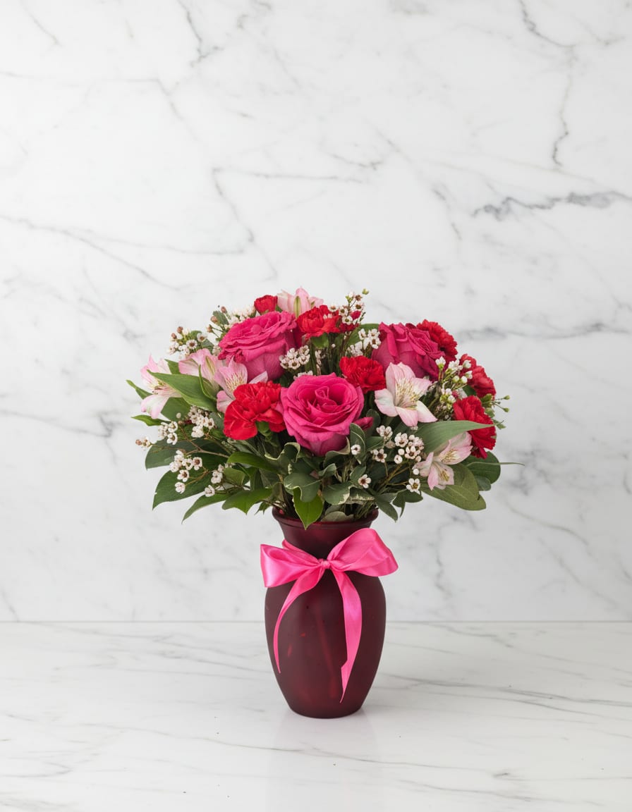 The Valentine Bouquet - Let your special someone know how you feel with this elegant bouquet. Two colors of roses, carnations &amp; more flowers make a bold statement of your love for Valentine's Day.