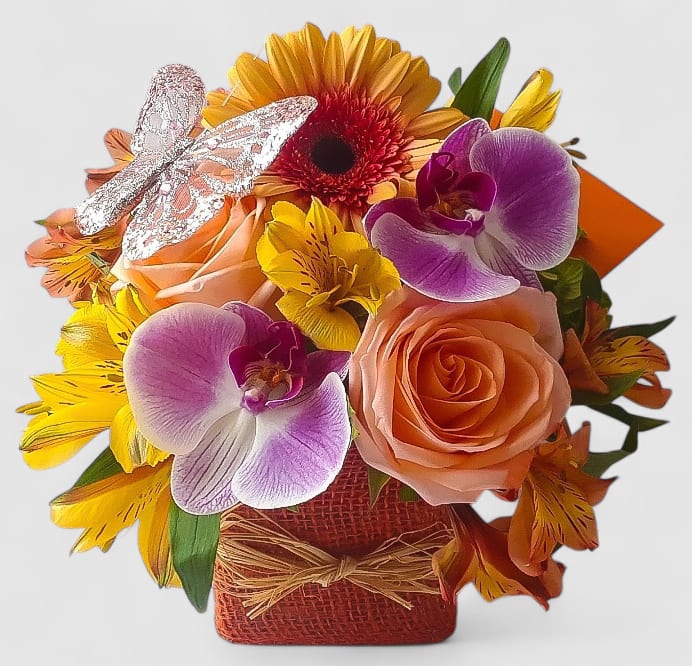 Apricot And Violet  Rose And Orchid Beautiful Bouquet Designer's Choice - Lovely roses and orchids arranged in a modern glass cube vase. Perfect for every occasion to show them how much you care. All fresh flower bouquets that leave my flower shop studio are beautiful works of art made special every time. Please visit my beautiful gallery to see my latest designs that I have created for my online customers. Send them happiness today.