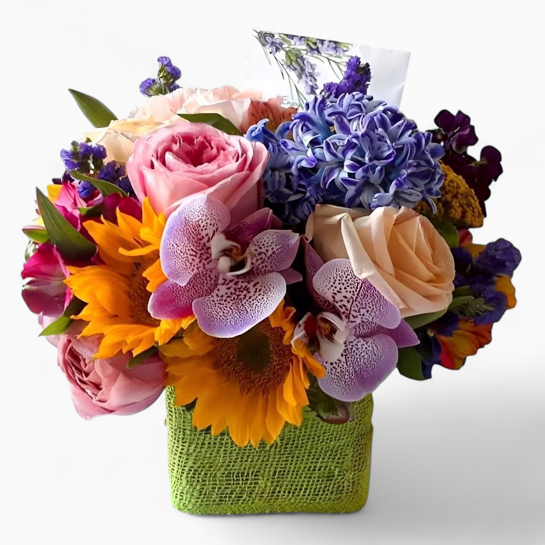 All Occasion Blossoms Beauty - Roses orchids and more arranged in a modern glass cube style vase. Perfect to send for every occasion to show them how much you care. All of my bouquets are always made extra special and unique each and every time. Send happiness.