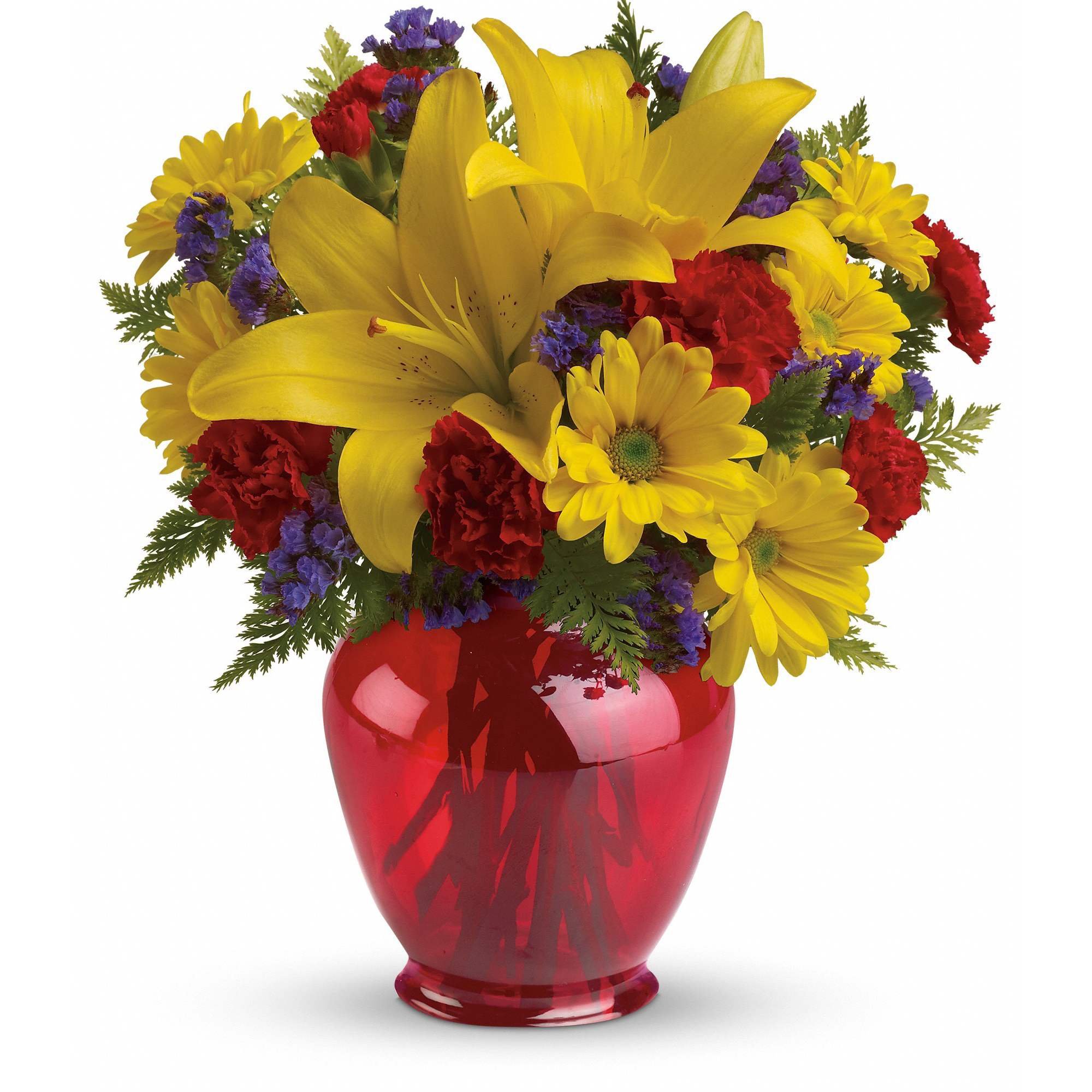 Let's Celebrate Bouquet - It's time to celebrate with bold, bright flowers! Arranged in a charming red ginger jar vase, this gorgeous gift of golden lilies and yellow daisies marks any occasion with pizzazz! 