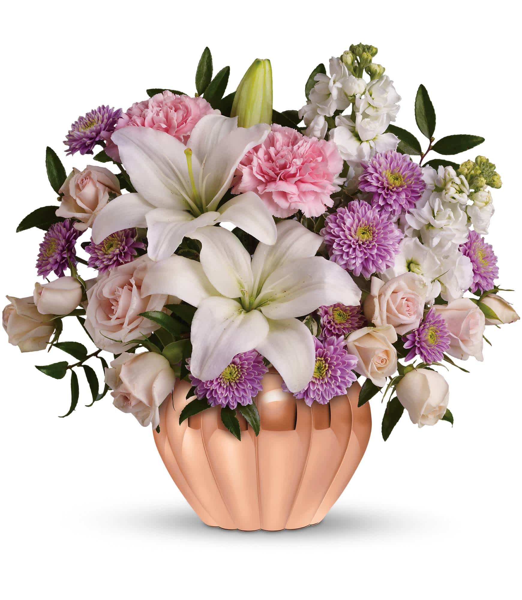 Love's Sweet Medley - The exquisite bouquet includes light pink spray roses, white lilies, pink carnations, white stock and lavender cushion spray chrysanthemums accented with fresh greenery. Delivered in a rose gold, high-quality ribbed vase with a metallized finish. Approximately 13 1/2" W x 12" H