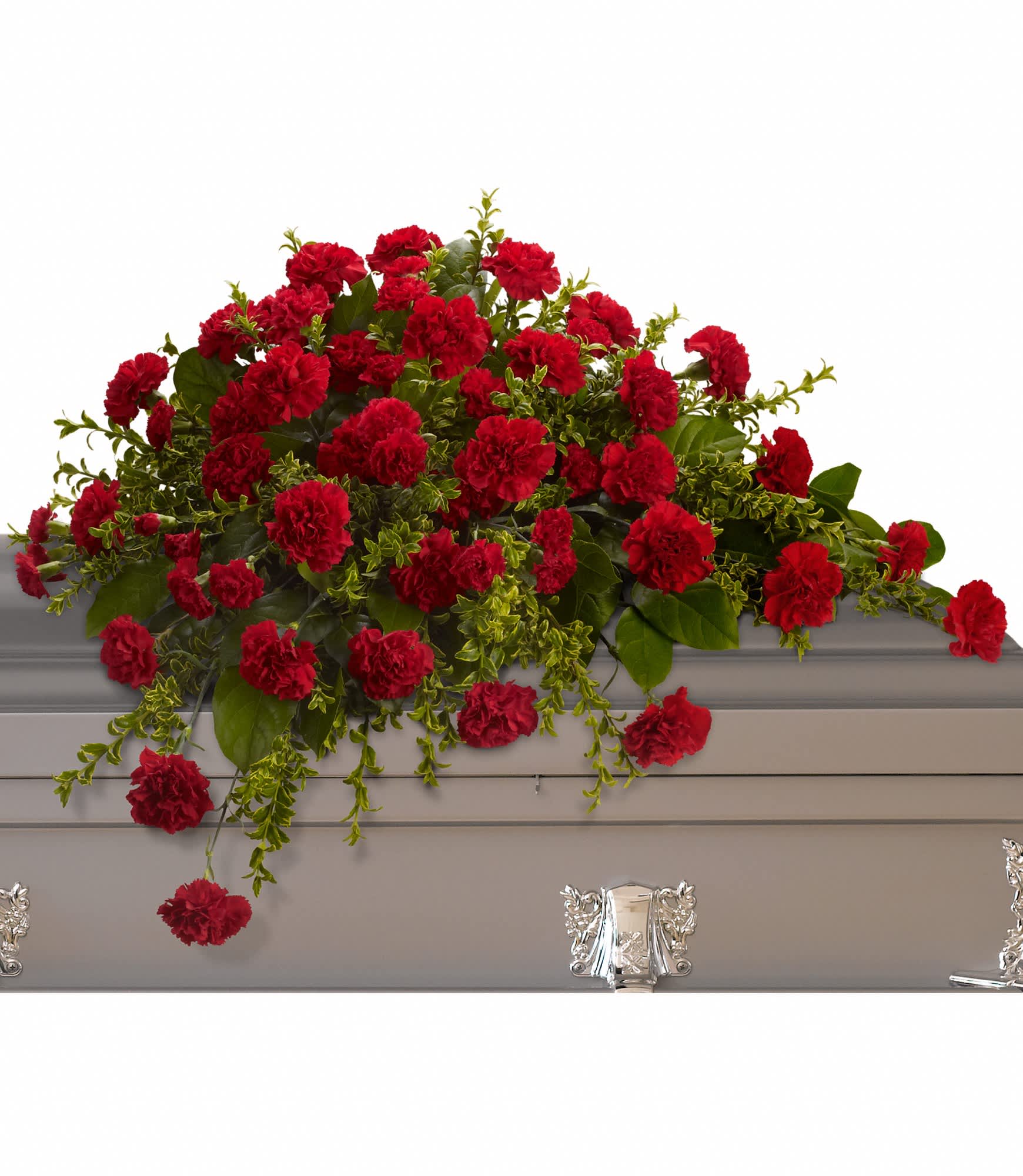 Adoration Casket Spray - This classic half-couch spray of brilliant red carnations makes a striking and dignified statement.    Radiant red carnations and miniature carnations accented by fresh greenery arrive in a lovely spray.    Approximately 36" W x 27" H    Orientation: N/A        As Shown : T242-2A    