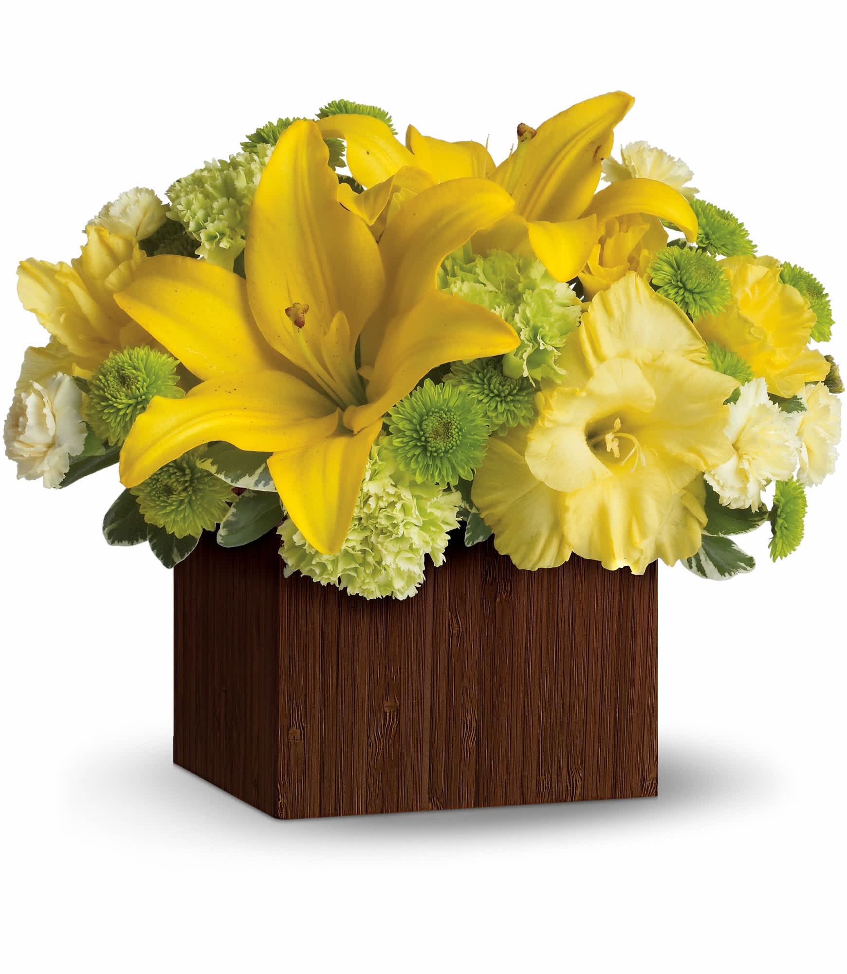 Smiles for Miles - Shower them with sunshine! An abundance of yellow and green blooms bursts from the stylish bamboo box, bringing miles of smiles along with it. What a joyful pick for him and her, any day of the year! 