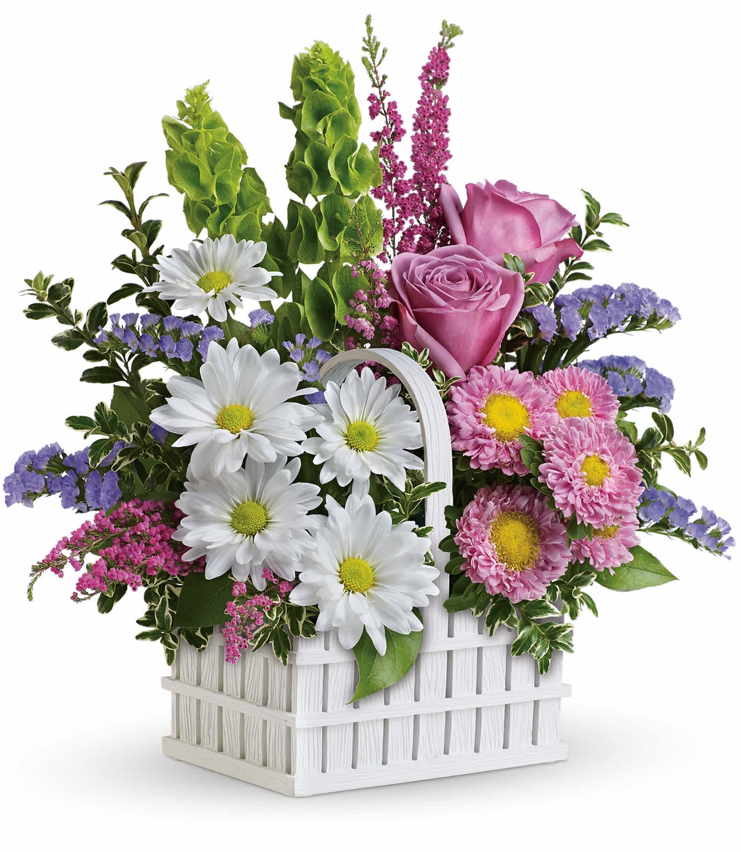 White Picket Bouquet - This lush bouquet boasts lavender roses, pink matsumoto asters, white daisy spray chrysanthemums, bells of ireland, pink heather, lavender sinuata statice, oregonia and lemon leaf. Delivered in a White Picket basket. Approximately 14 1/2" W x 15 1/2" H  T15E200A