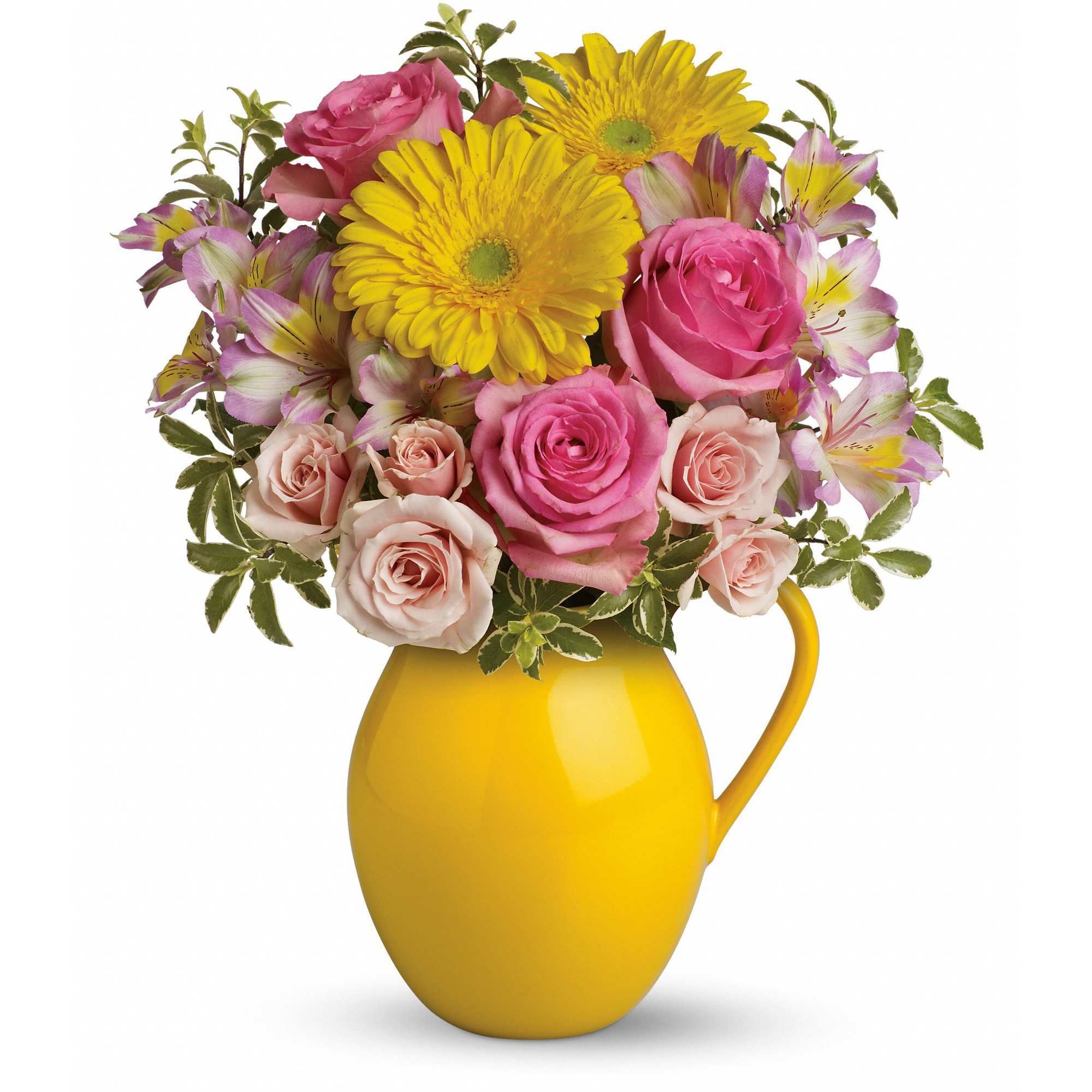 Sunny Day Pitcher Of Charm - Fill their cup with happiness! This signature Sunny Day pitcher is sure to pour joy! Filled with beautifully bright gerberas and sweet roses, it's a gift they'll always treasure. 