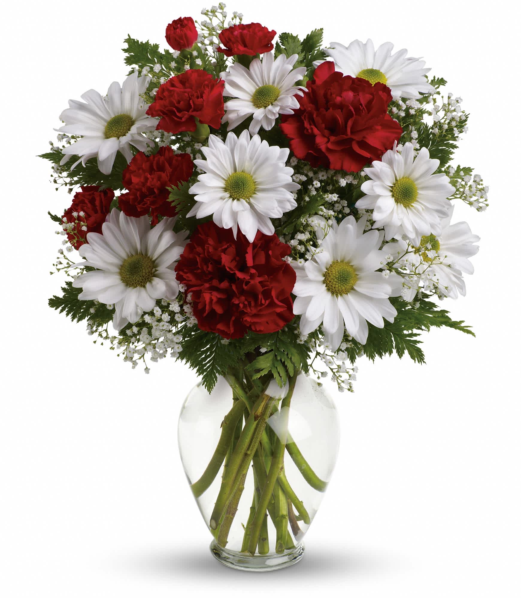 Kindest Heart Bouquet  - A special show of kindness, on Valentine's Day or any day of the year! This eye-catching arrangement of red carnations, white daisies and delicate baby's breath will surprise and delight your special someone - and remain a treasured memory for years to come.