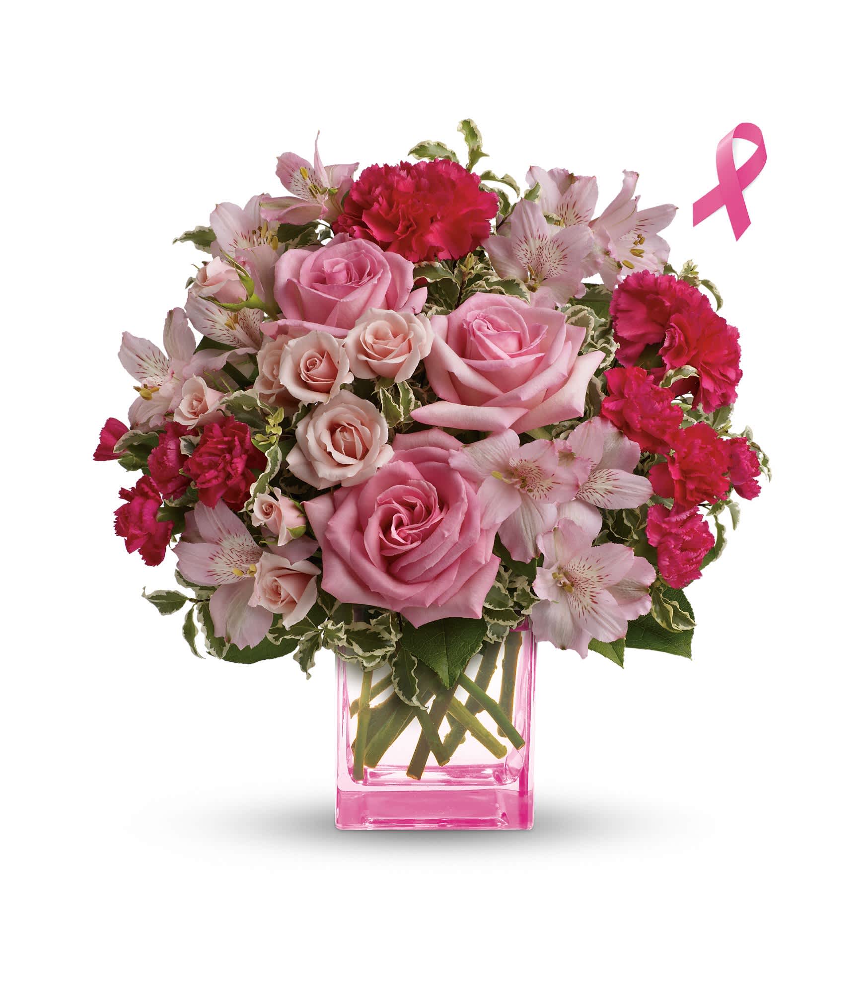 Pink Grace Bouquet - Celebrate a fabulous woman in your life with a beautiful mixed bouquet featuring pink roses and arranged in a perky pink cube. She'll be thrilled with this charmingly feminine gift - and touched by your thoughtfulness because it is also a gift for others! 