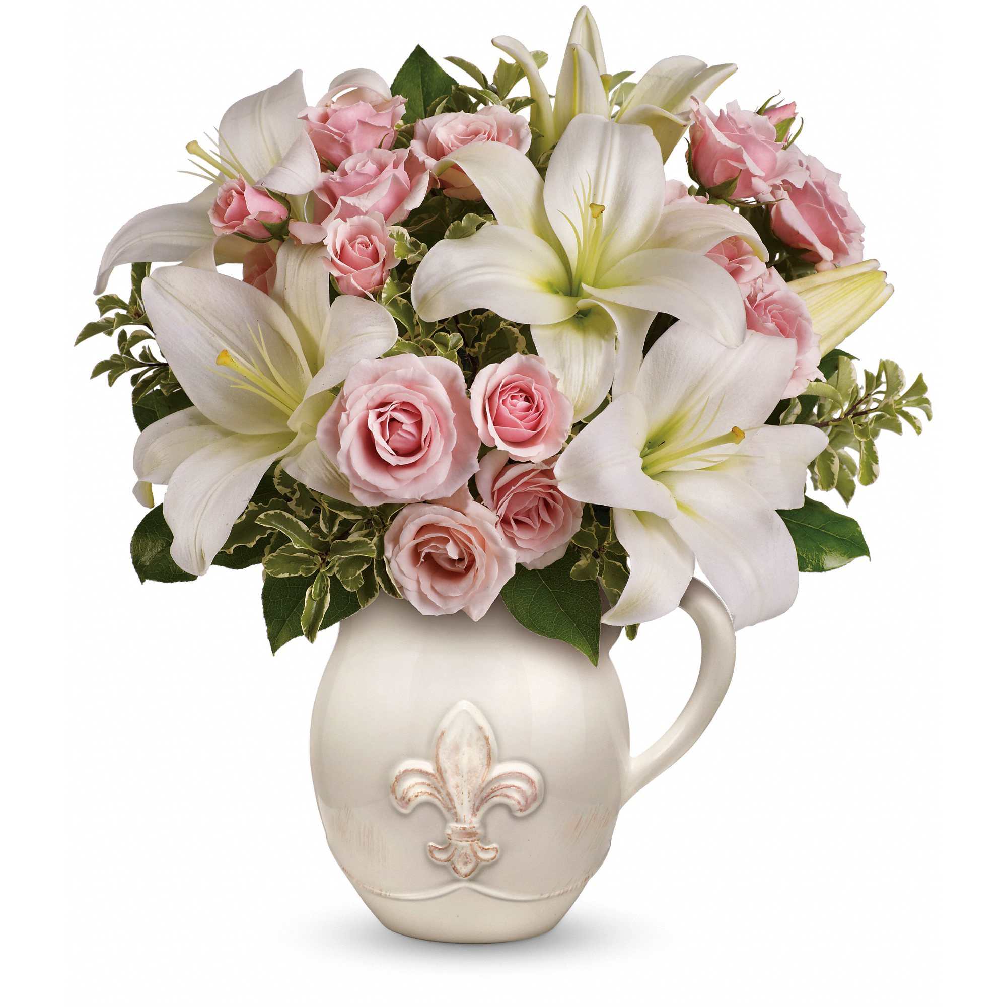Fleur-de-Love Bouquet - Capture the grace of Grandparents Day. Charming pink roses and fresh white asiatic lilies are nestled in our classic Fleur-de-Love Pitcher. A fleur-de-lis motif gives a classic flair to this pitcher - the newest addition to our French Country Collection. 