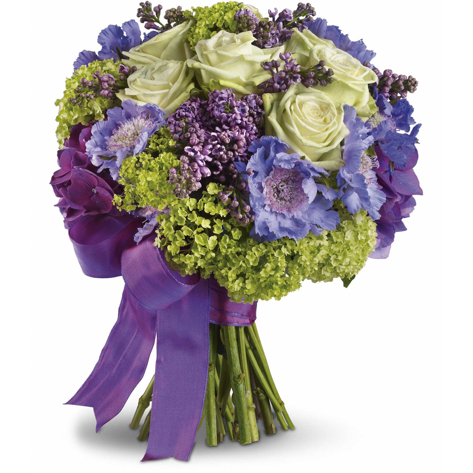 Martha's Vineyard Bouquet  - Inspired by the easy elegance of Martha's Vineyard, this unique bouquet indulges with green roses, fragrant lilacs and lavender hydrangea.    Green roses, purple hydrangea, green viburnum, lavender lilacs and scabiosa.    Approximately 10 1/2" W x 12 1/2" H    Orientation: N/A        As Shown : T194-5A    