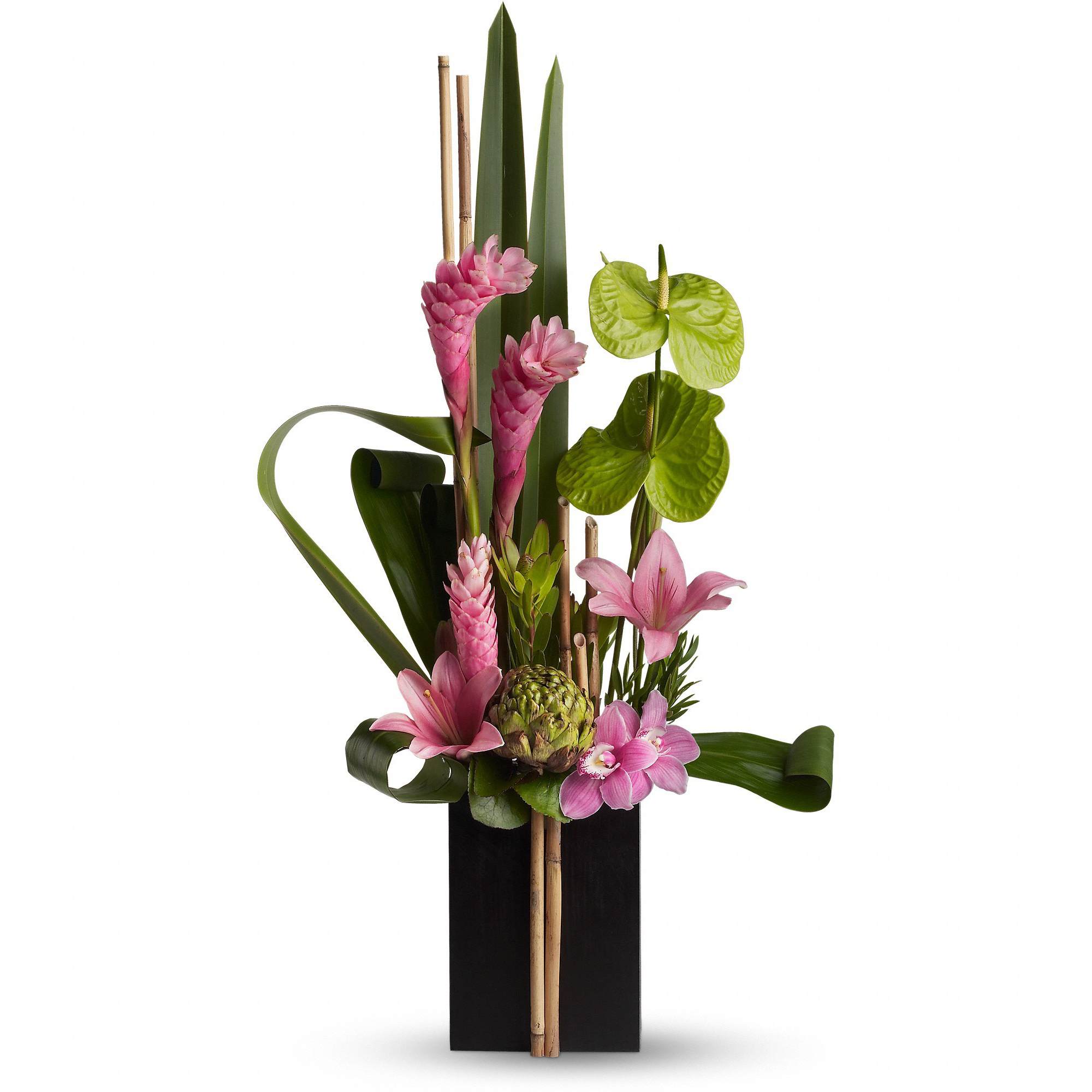 Now and Zen  - Now and Zen you want to send something tall, and extra special. It's got to be unique, tropical and of course, beautiful. That is a tall order, but this arrangement handles it with panache!    Gorgeous lavender cymbidium orchids, dark pink asiatic lilies, striking green anthuriums, leucadendron, ginger and more tropical lushness is hand-delivered in a contemporary box container. Wow!    Approximately 22 1/2" W x 38" H    Orientation: One-Sided        As Shown : T82-1A      Deluxe : T82-1B      Premium : T82-1C    