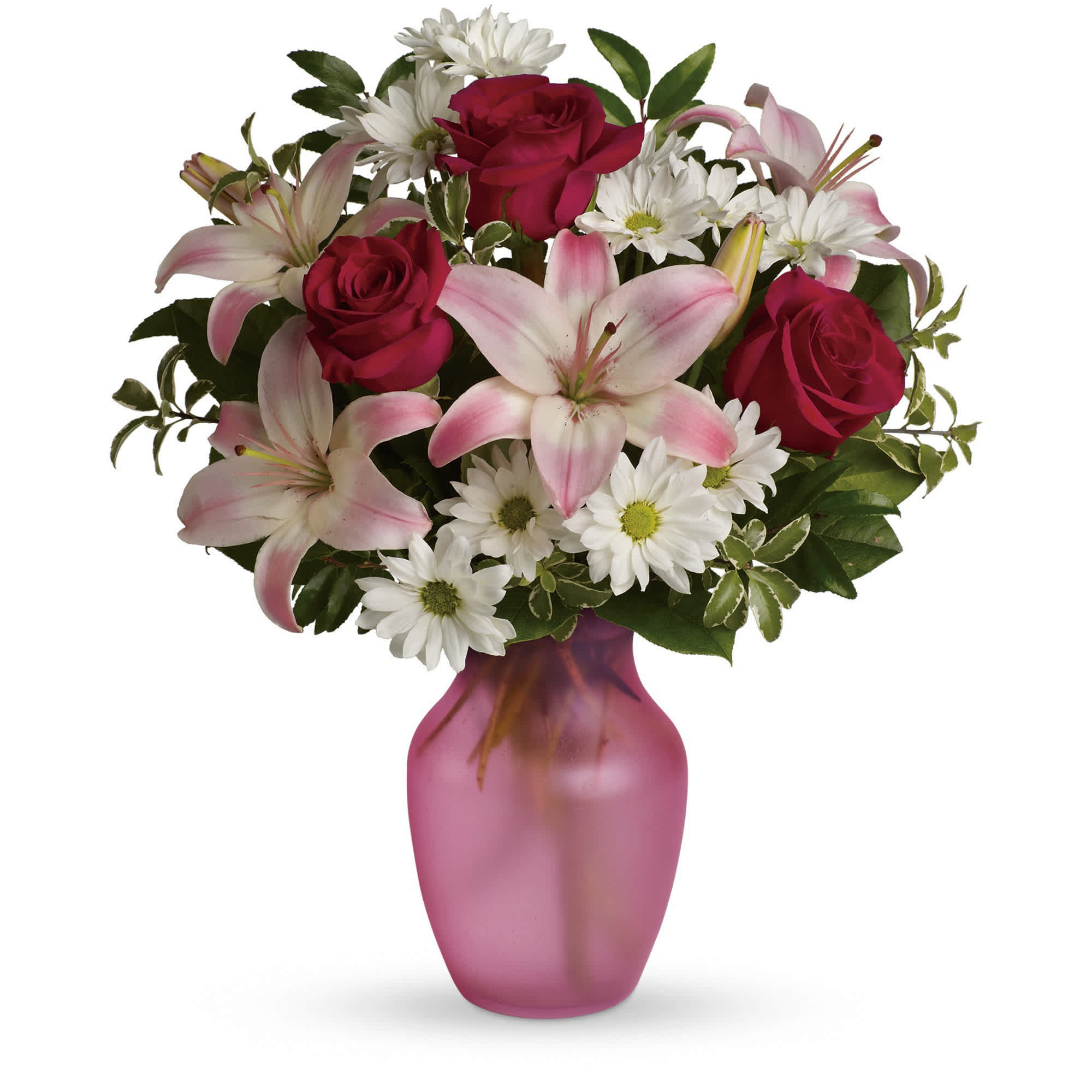 She's the One Bouquet - Your one and only love deserves an equally singular bouquet. Pamper her with this romantic mix of blooms presented in a beautiful matte rose colored glass vase. 