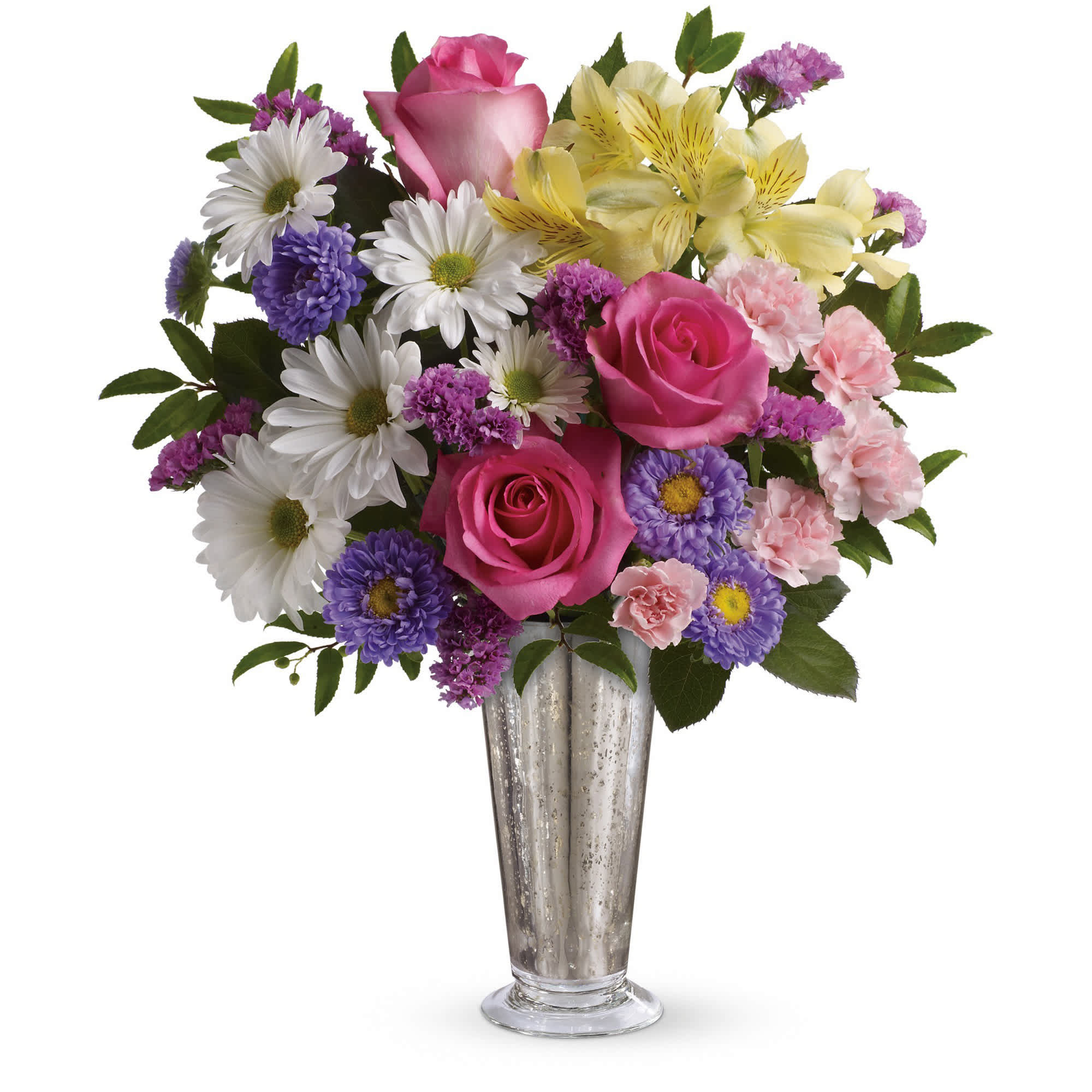 Smile and Shine Bouquet - Send a shining smile to someone special with this bright bouquet! The happy mix of roses, alstroemeria and asters are presented in a popular mercury glass vase - a glittering gift for now and forever.