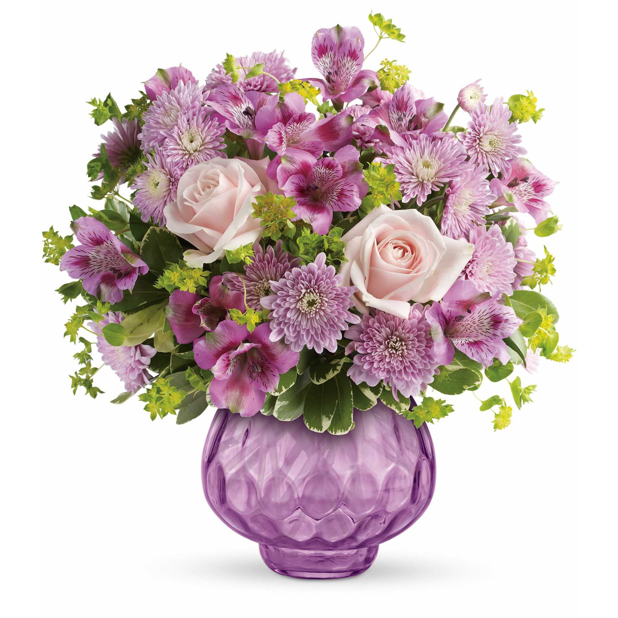 Lavender Chiffon Bouquet - Now here's a real pleaser: a glorious springtime bouquet, harmoniously arranged in a sparkling vase. The delicate blooms and soothing lavender palette spread joy to those you love the most. 