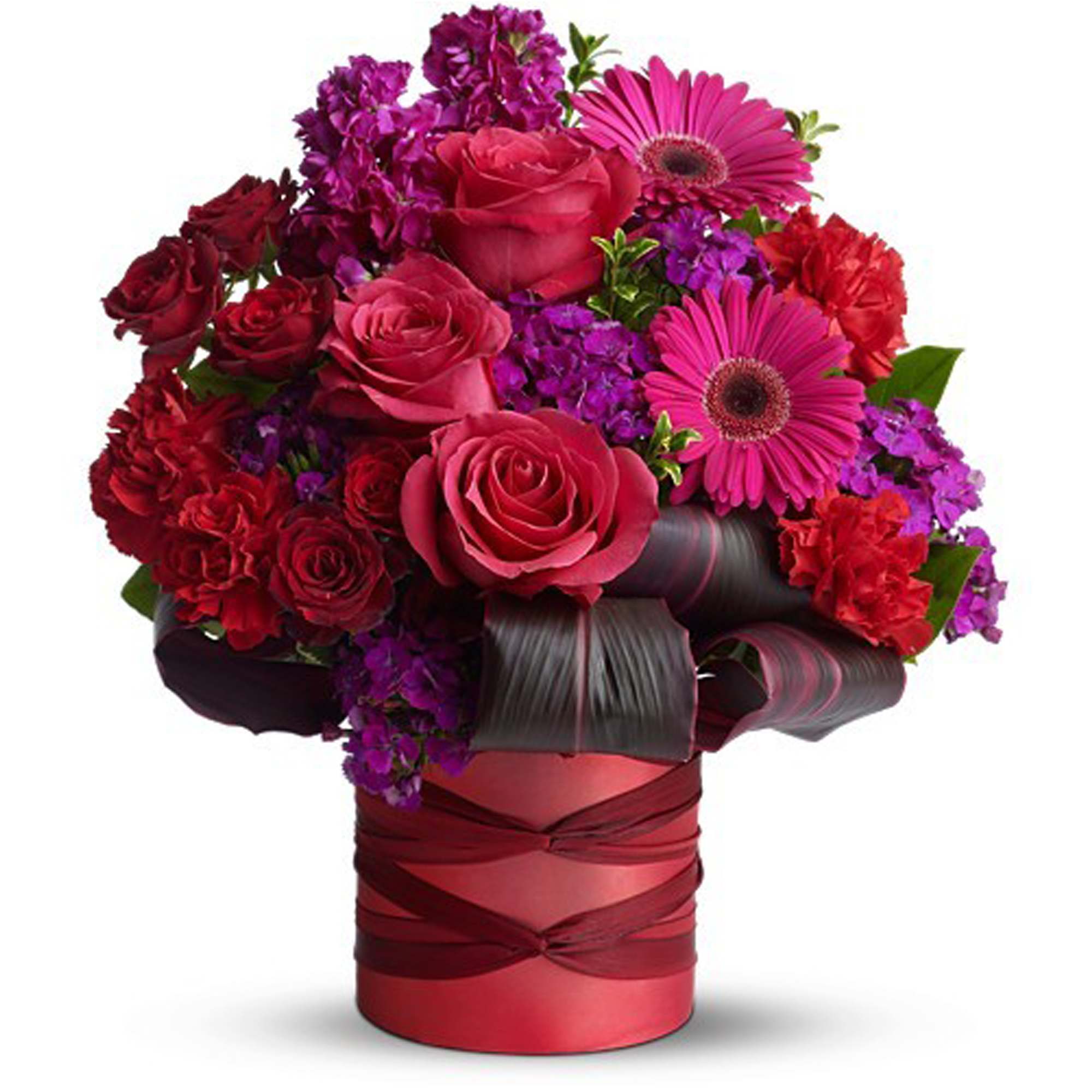 Mad About You - This spectacularly regal array of pink and purple flowers in a satiny red cylinder vase accented with red ribbons would thrill a princess - like yours. Go ahead, be her knight in shining armor.  The ravishing bouquet includes hot pink roses, hot pink gerberas, red spray roses, purple sweet william, red carnations and purple stock accented with fresh greenery. The flowers are delivered in a rich red cylinder vase with a sleek satiny finish accented with red satin ribbons. Bouquet is approximately 14 1/2â W X 16 1/2â H. This item is hand-arranged and delivered by a florist.  Orientation: All-Around      As Shown : 08N180B  