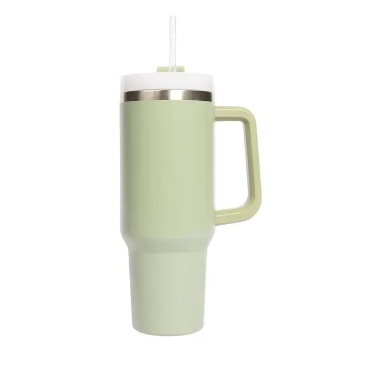 SWD - Sage Green 40 oz Travel Tumbler  - DETAILS:  • 40oz Capacity • Color: Sage Green • Size: 3" x 3.8" x 10.6" (12.2" w/ straw) • Package Size: 5.2" x 5.2" x 11.6" • BPA Free Lid and Straw • Stainless Steel • Keeps Drinks Hot for Up To 8 Hours; Cold for 24 Hours • Designed in the USA, Imported • Style No. TU004  ITEM CARE:  • Dishwasher Safe • Do Not Microwave • Wash before use and avoid abrasive cloths when cleaning  Categories: Back to School, Drinkware, Portable Drinkware, Stanley, 40 oz Tumbler with Handle, Gifts, Easter Baskets, Birthday
