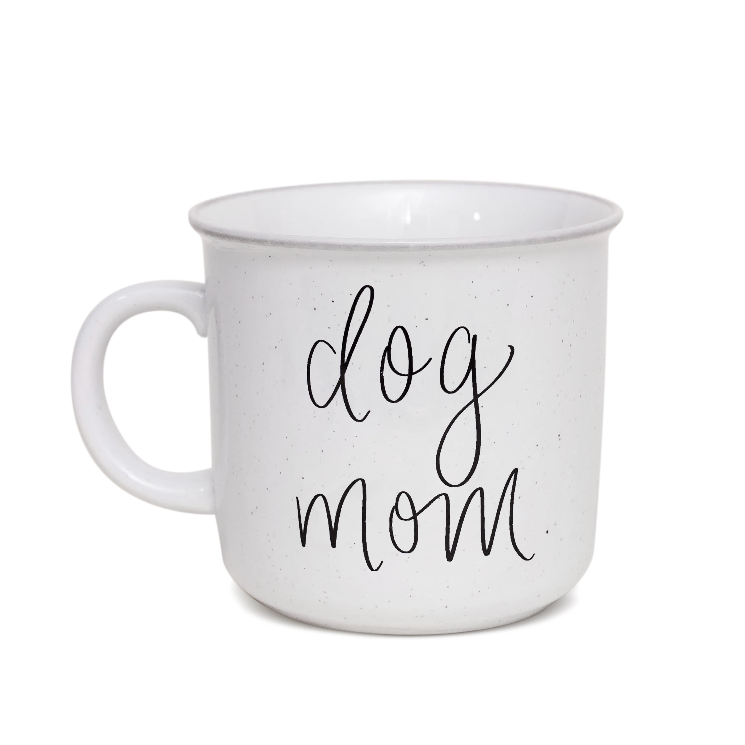 SWD - Dog Mom Rustic Coffee Mug   - • 16oz Ceramic Campfire Style Mug • Size: 5.25 x 4 x 3.6" • Hand Lettered Design: Dog Mom • Design on Both Sides of Mug  • Light Ivory with Speckles, Black Lettering • Designed in the USA, Imported • UPC: 00811119033373 | Style No. CM049  CARE:   • Microwave and Dishwasher Safe • Wash Before Use and Avoid Abrasive Cloths When Cleaning • Use Caution When Removing From Microwave