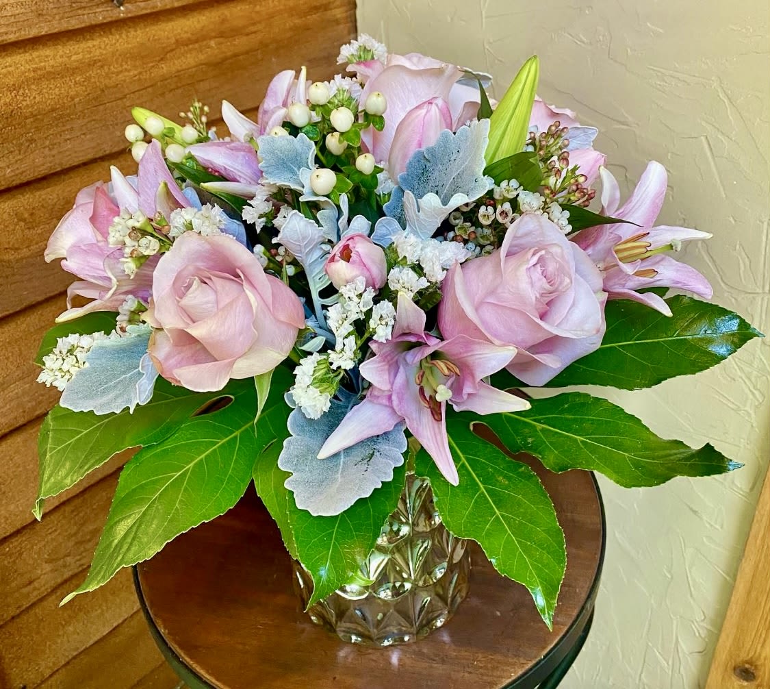 Perfectly Pink  - Perfect pink roses matched perfectly with a coordinated bow, filler flowers and greenery~ expect a VERY big Thank you! ALWAYS Designer's choice on flowers and vase selected